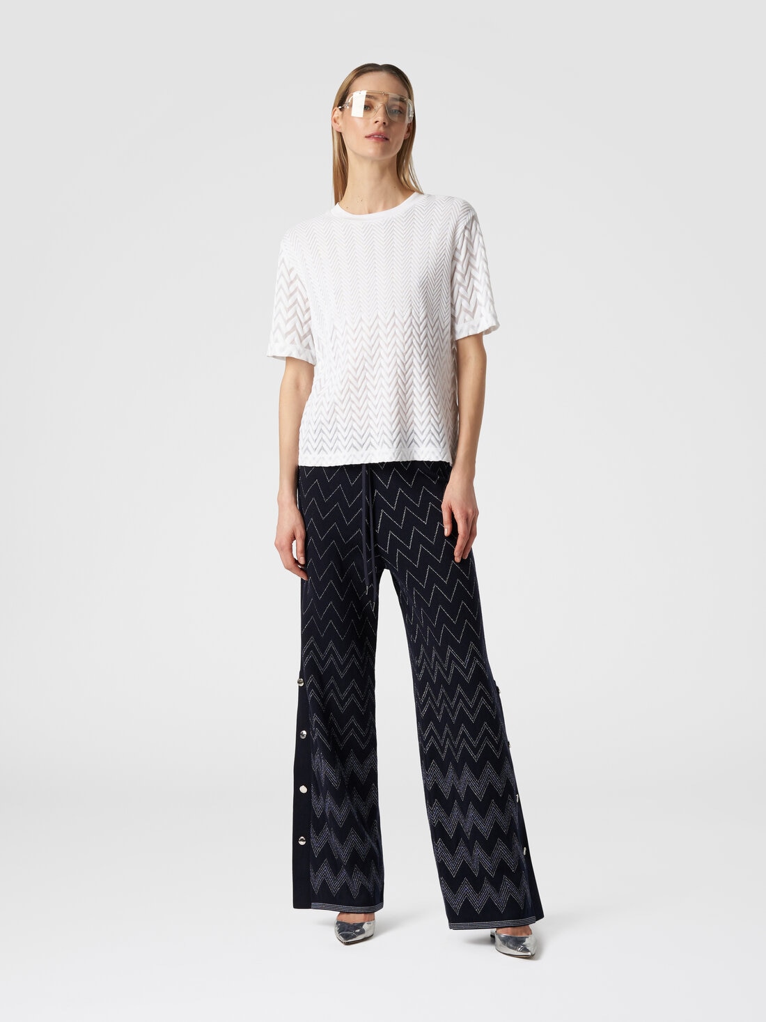 Wool and viscose joggers with zigzag pattern and lurex, Blue - DS23WI26BK031WS72FM - 1