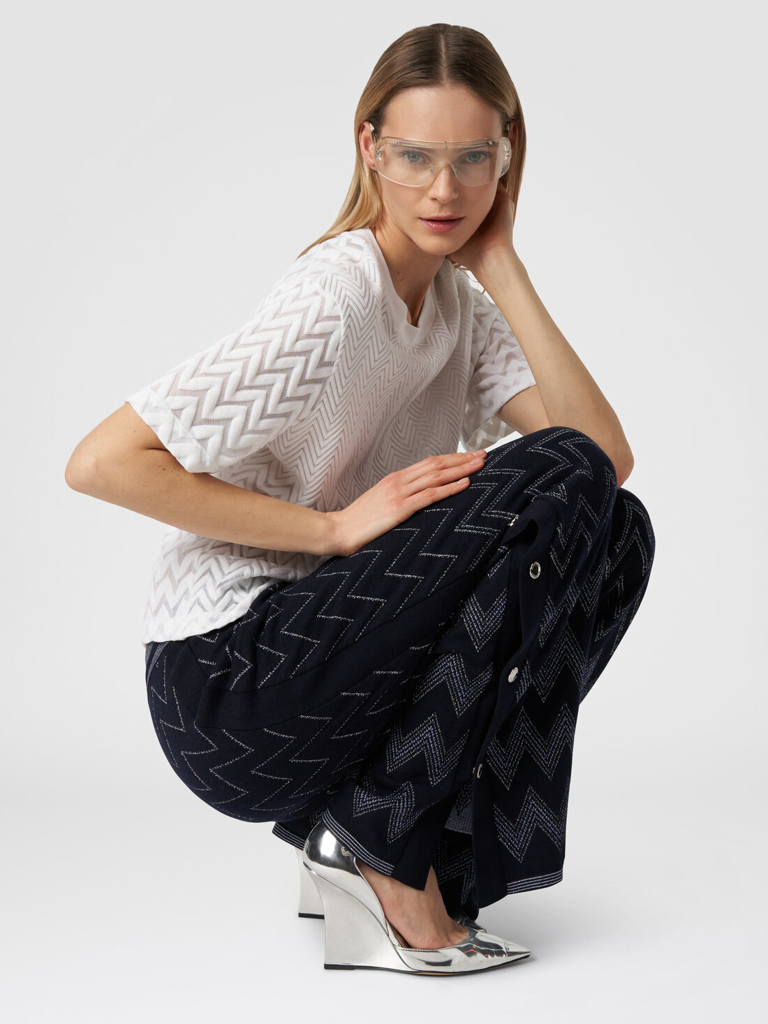 Wool and viscose joggers with zigzag pattern and lurex, Blue - DS23WI26BK031WS72FM - 3