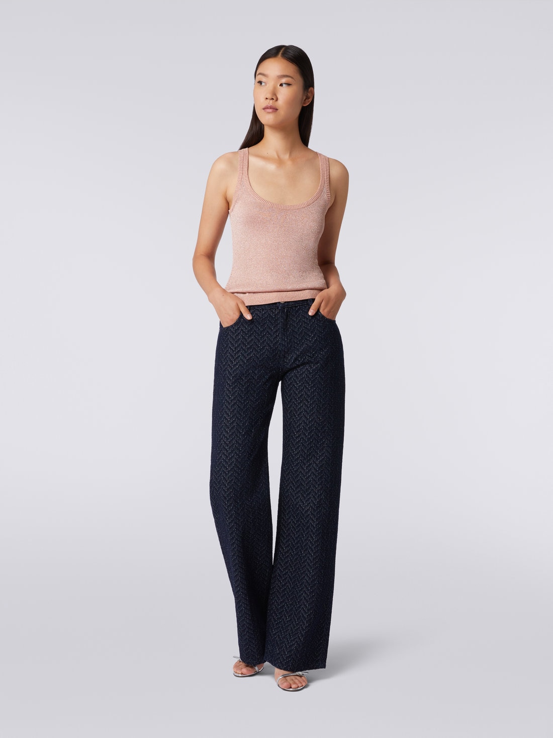 Five-pocket cotton trousers with zigzag pattern and embroidery on the back pocket  , Blue - DS23WI27BW00QDS72CQ - 1