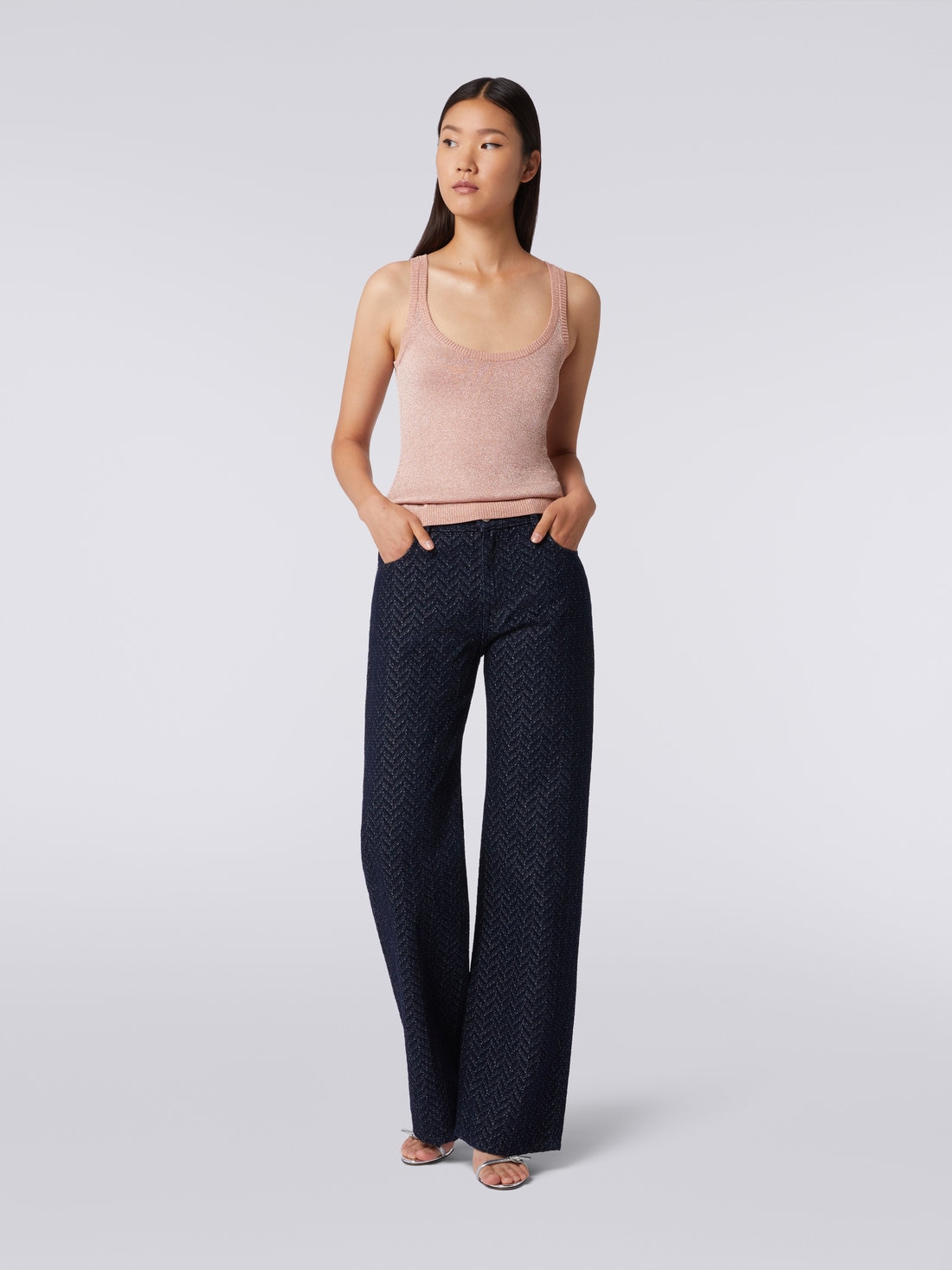Five-pocket cotton trousers with zigzag pattern and embroidery on the back pocket, Blue - DS23WI27BW00QDS72CQ - 1