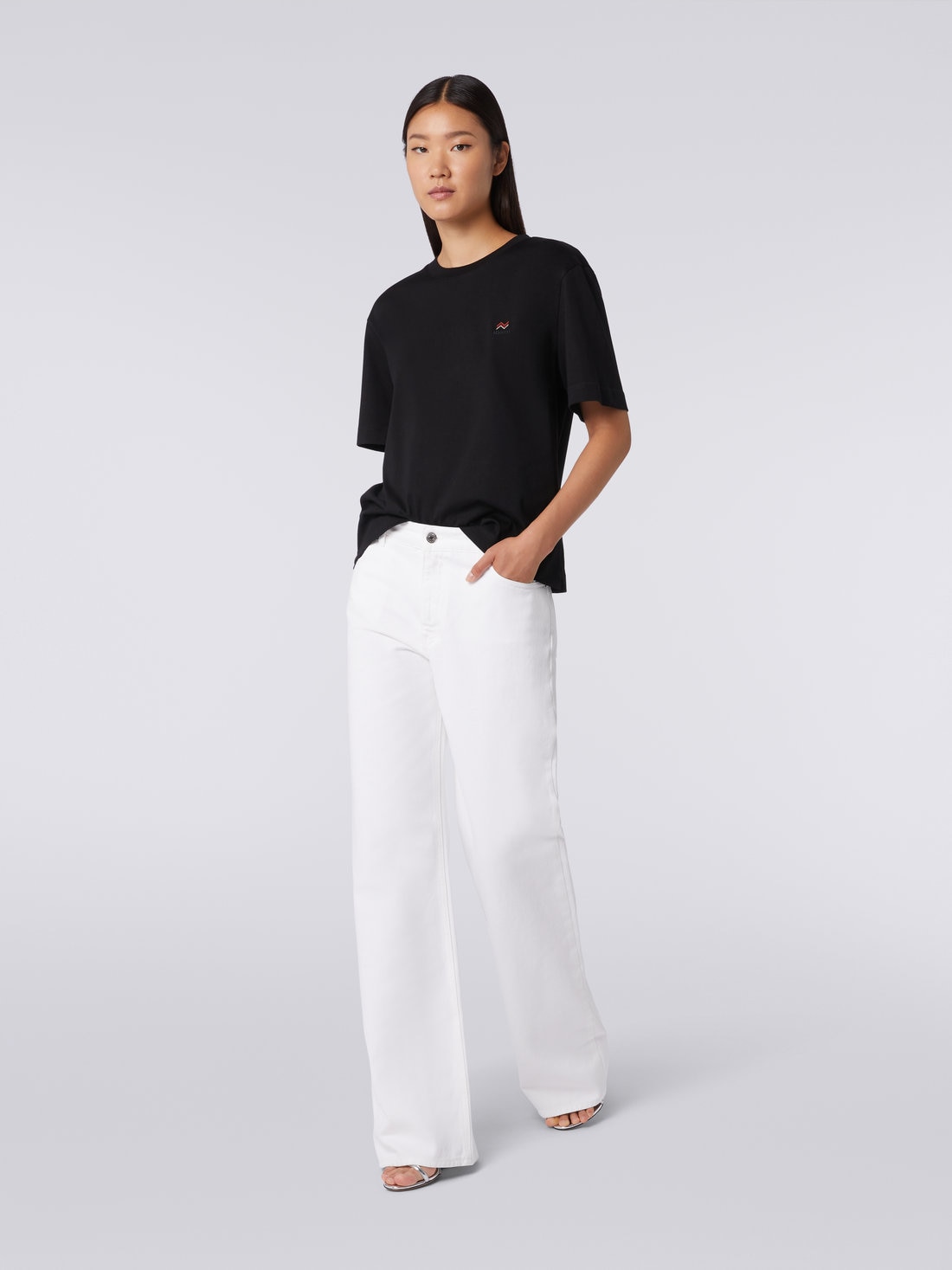 Five-pocket palazzo trousers with zigzag embroidery on the back pocket, White  - DS23WI28BW00QES01AD - 1