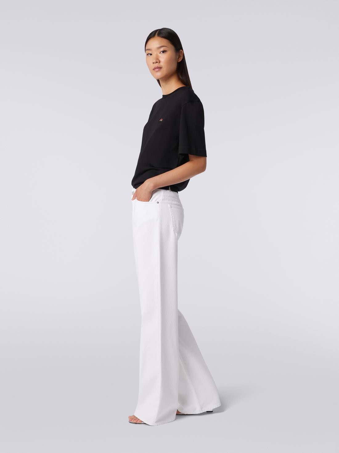 Five-pocket palazzo trousers with zigzag embroidery on the back pocket  , White  - DS23WI28BW00QES01AD - 2