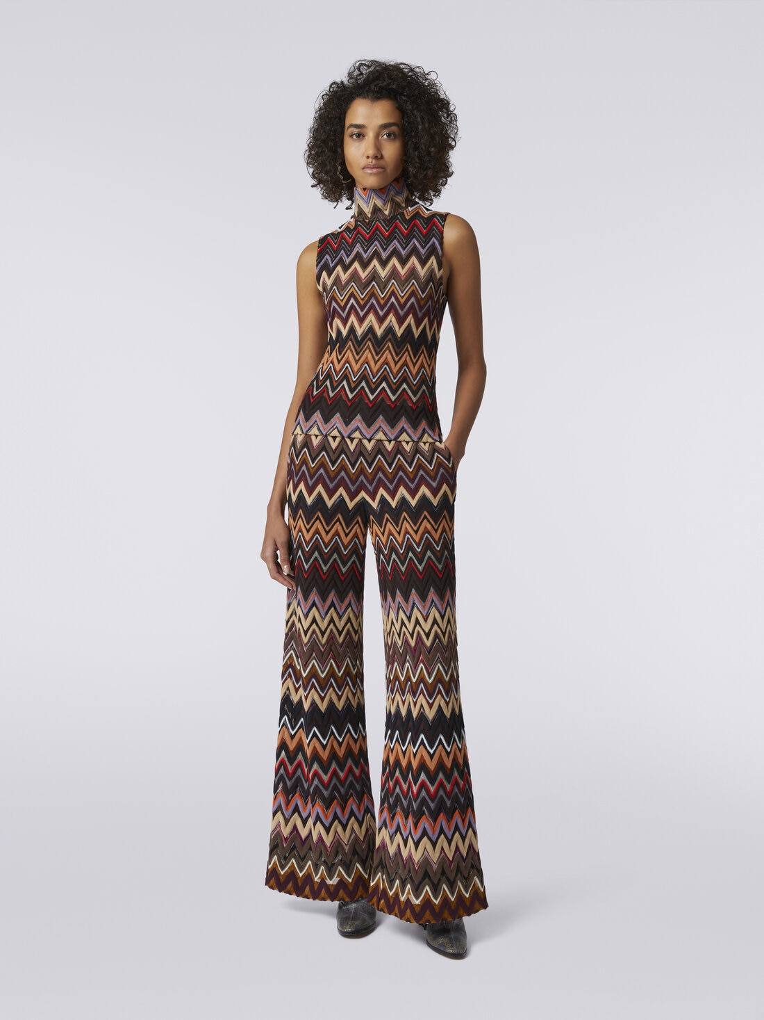 Palazzo trousers in wool and viscose with zigzag pattern, Multicoloured  - DS23WI2DBR00NOSM942 - 1