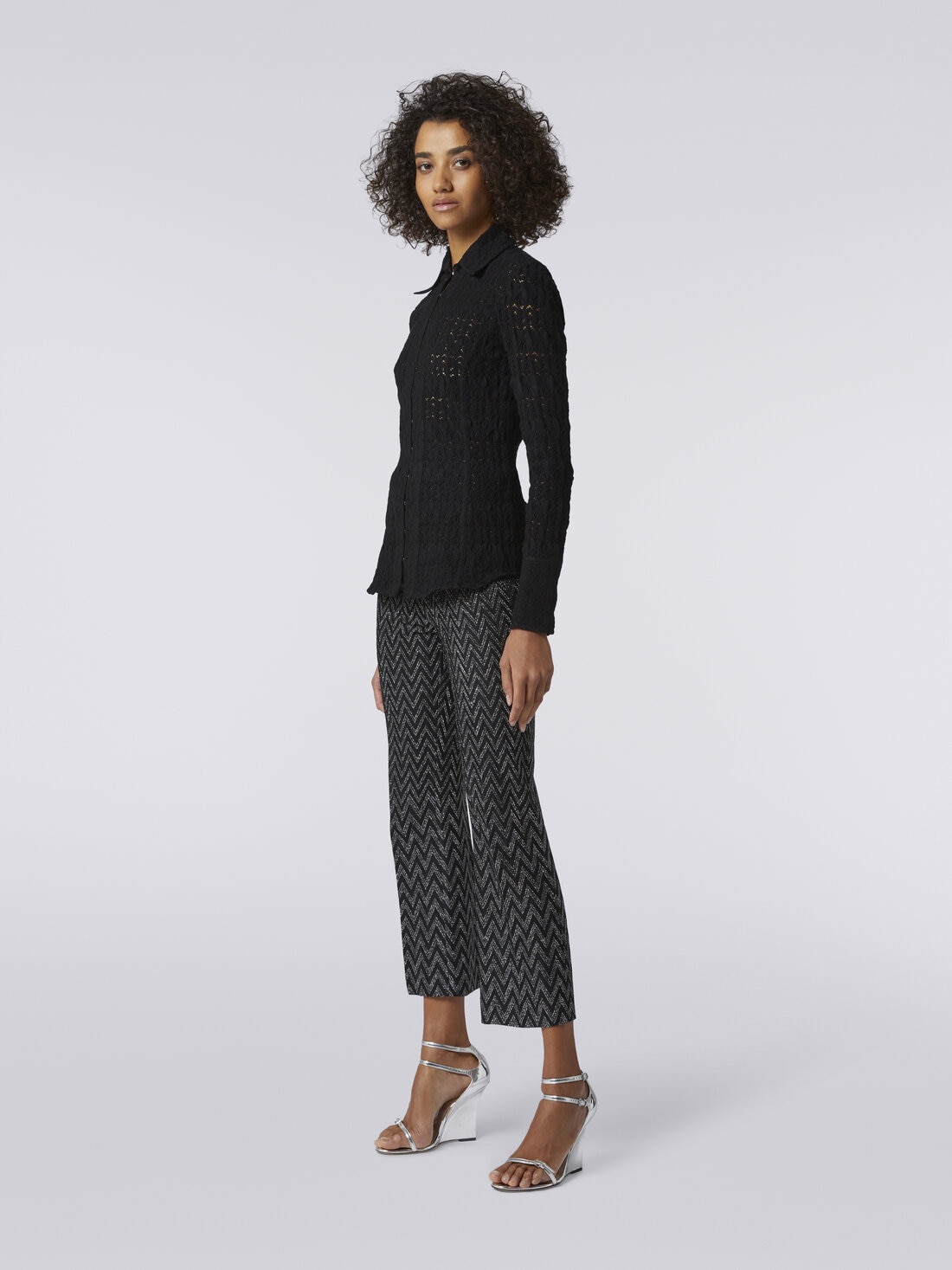 Viscose blend lace-effect shirt, Black    - DS23WJ0BBR00SU93911 - 2
