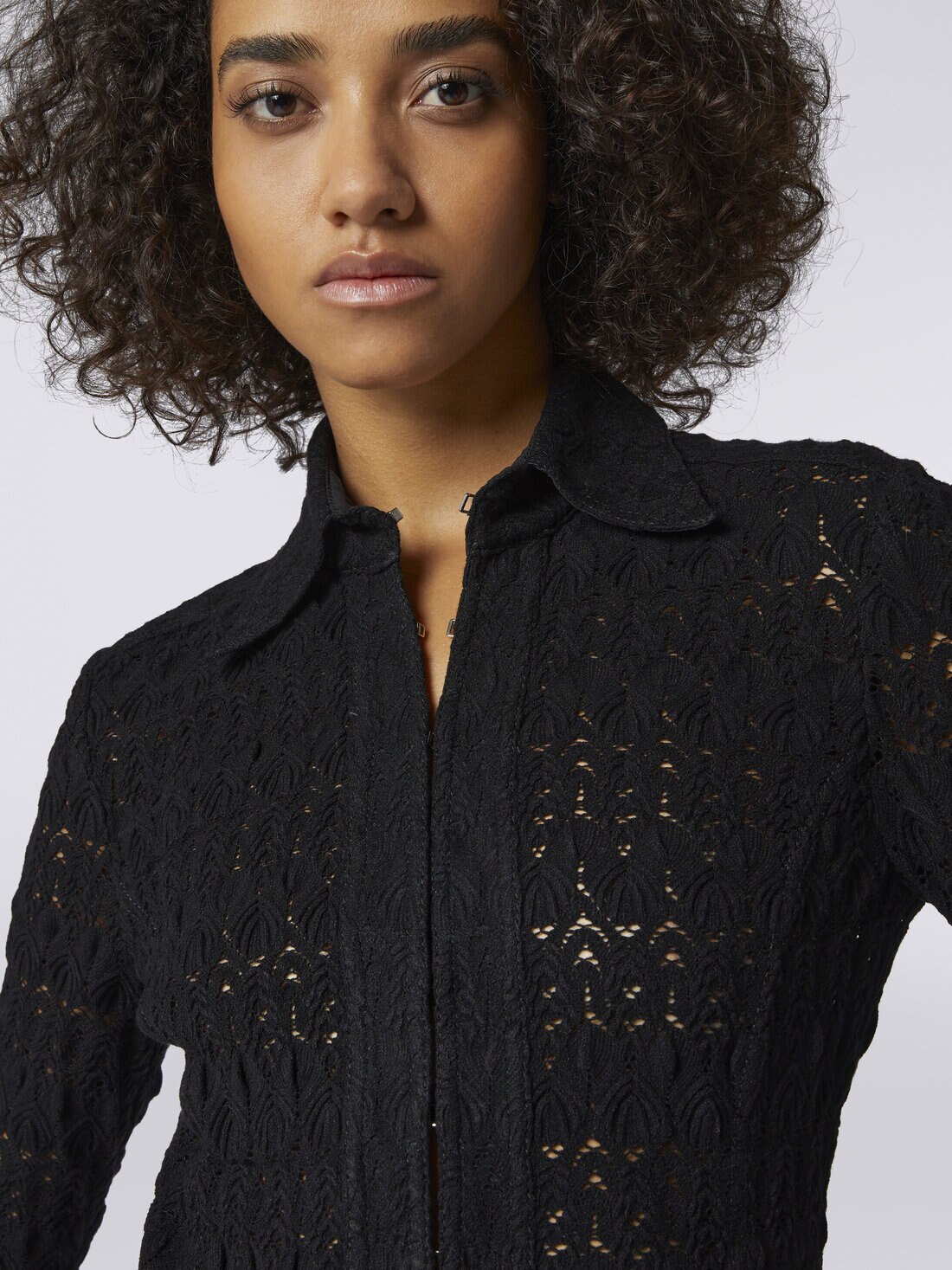 Viscose blend lace-effect shirt , Black    - DS23WJ0BBR00SU93911 - 4