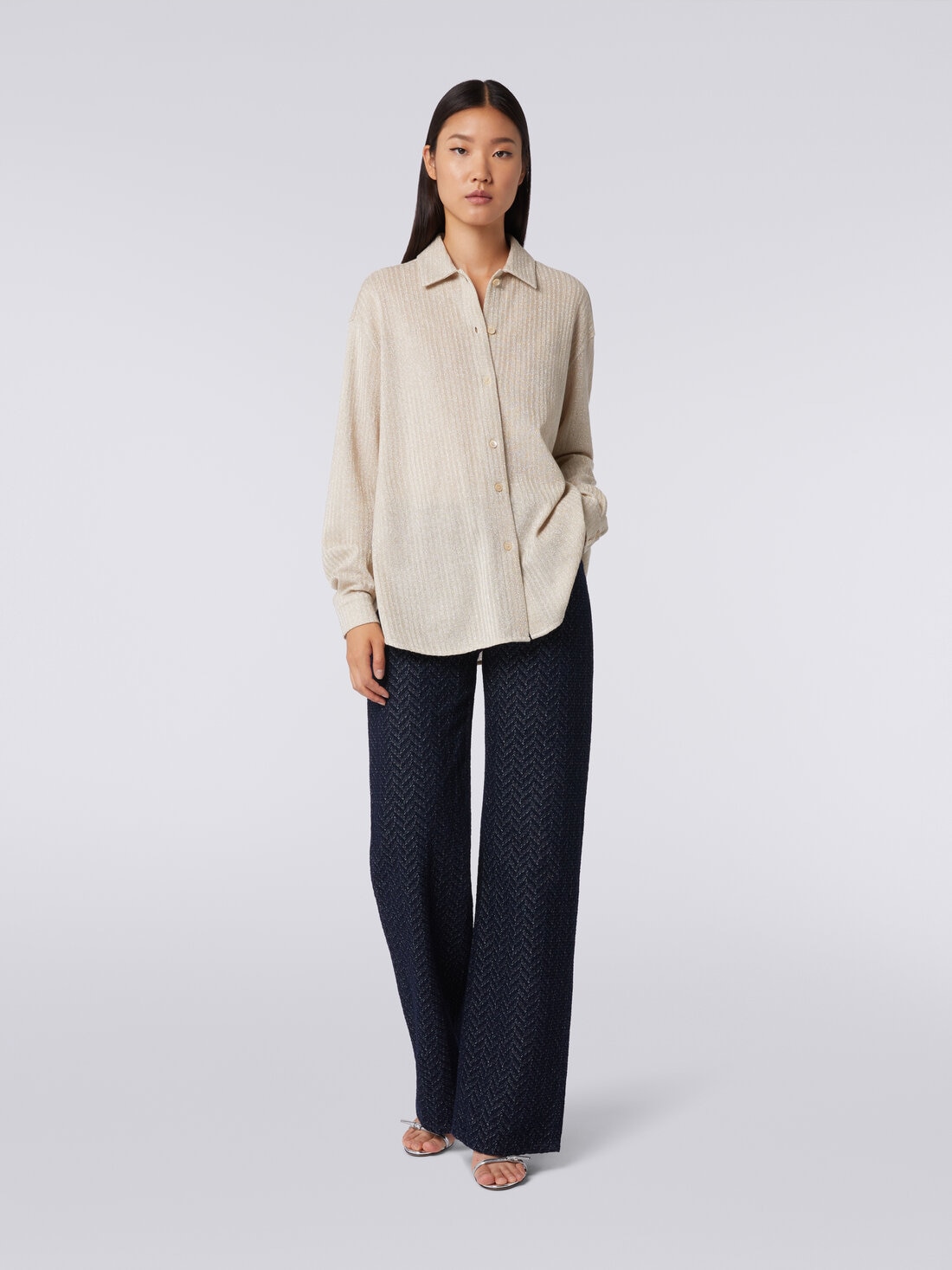 Cotton and viscose lamé oversized shirt , Beige - DS23WJ0MBR00WNS01AV - 1