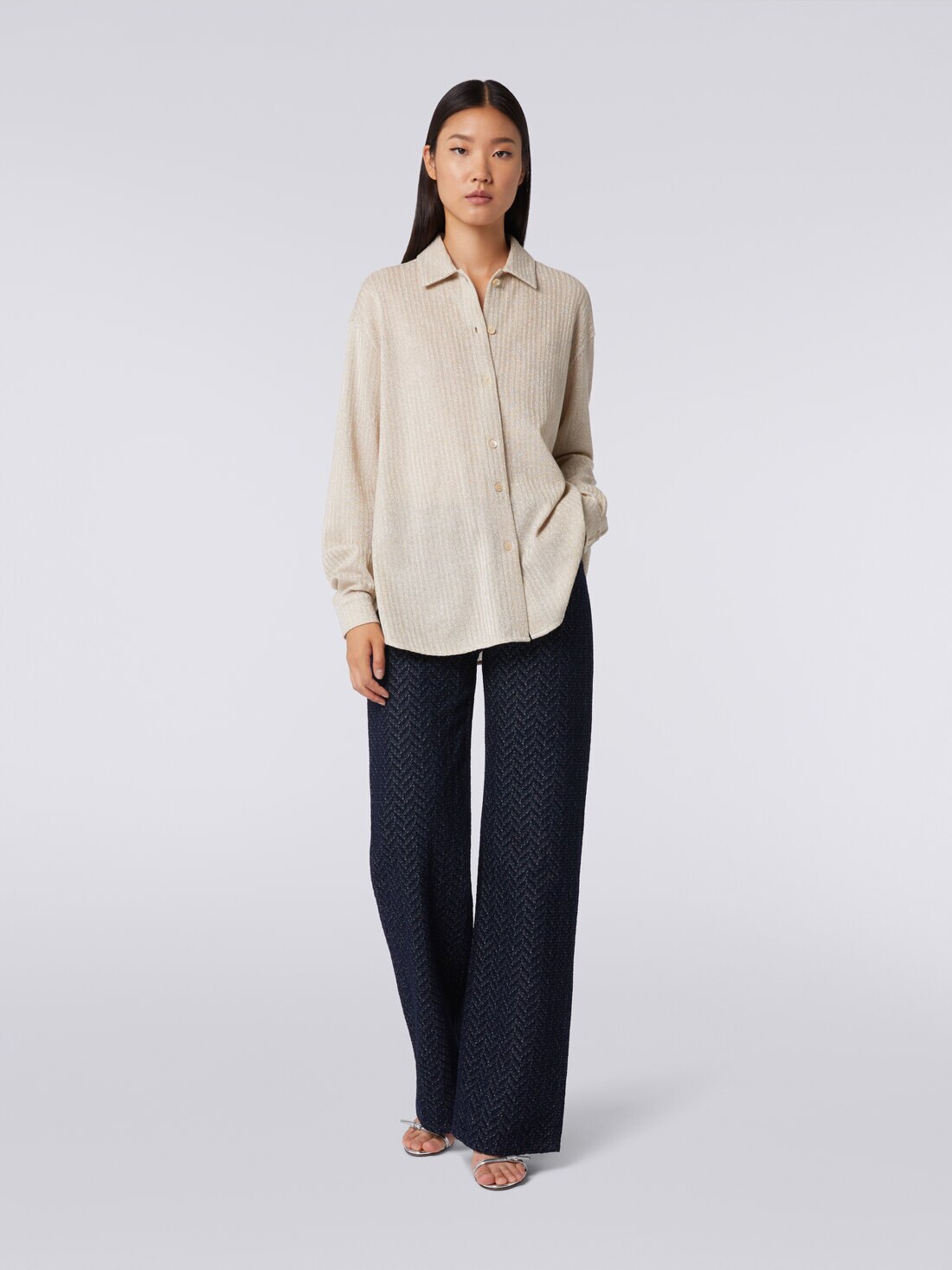 Cotton and viscose lamé oversized shirt, Beige - DS23WJ0MBR00WNS01AV - 1