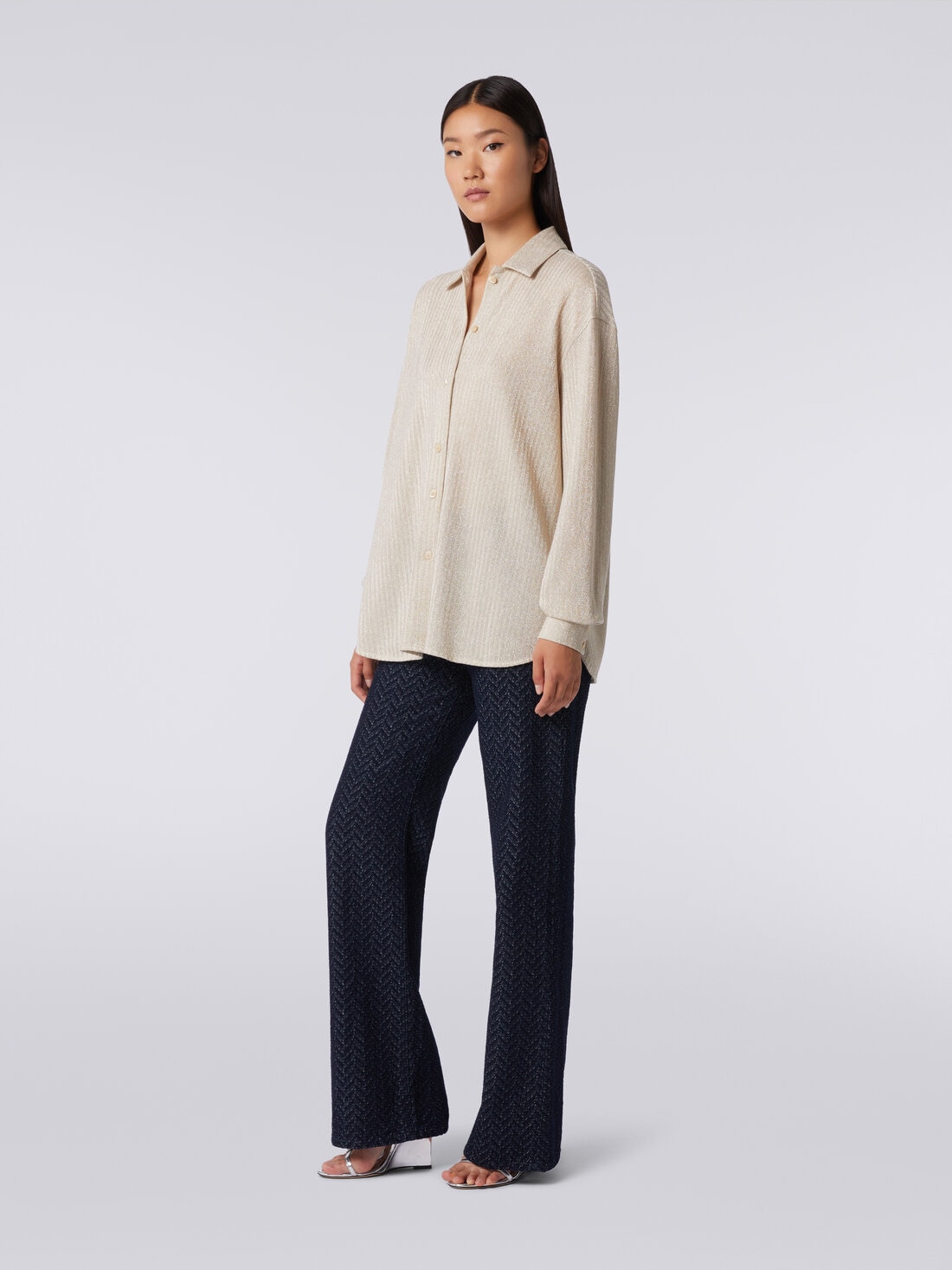 Cotton and viscose lamé oversized shirt, Beige - DS23WJ0MBR00WNS01AV - 2