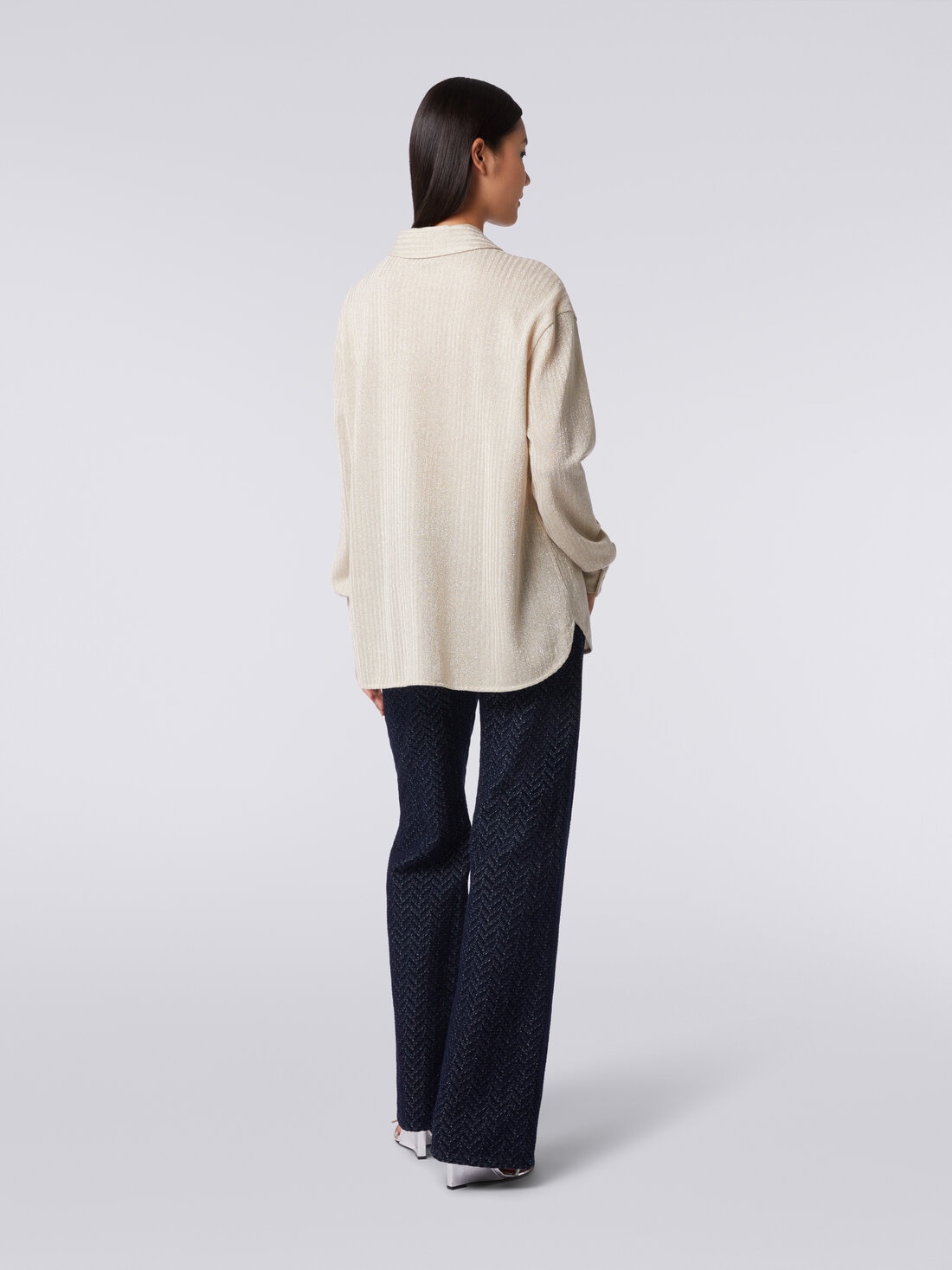 Cotton and viscose lamé oversized shirt, Beige - DS23WJ0MBR00WNS01AV - 3