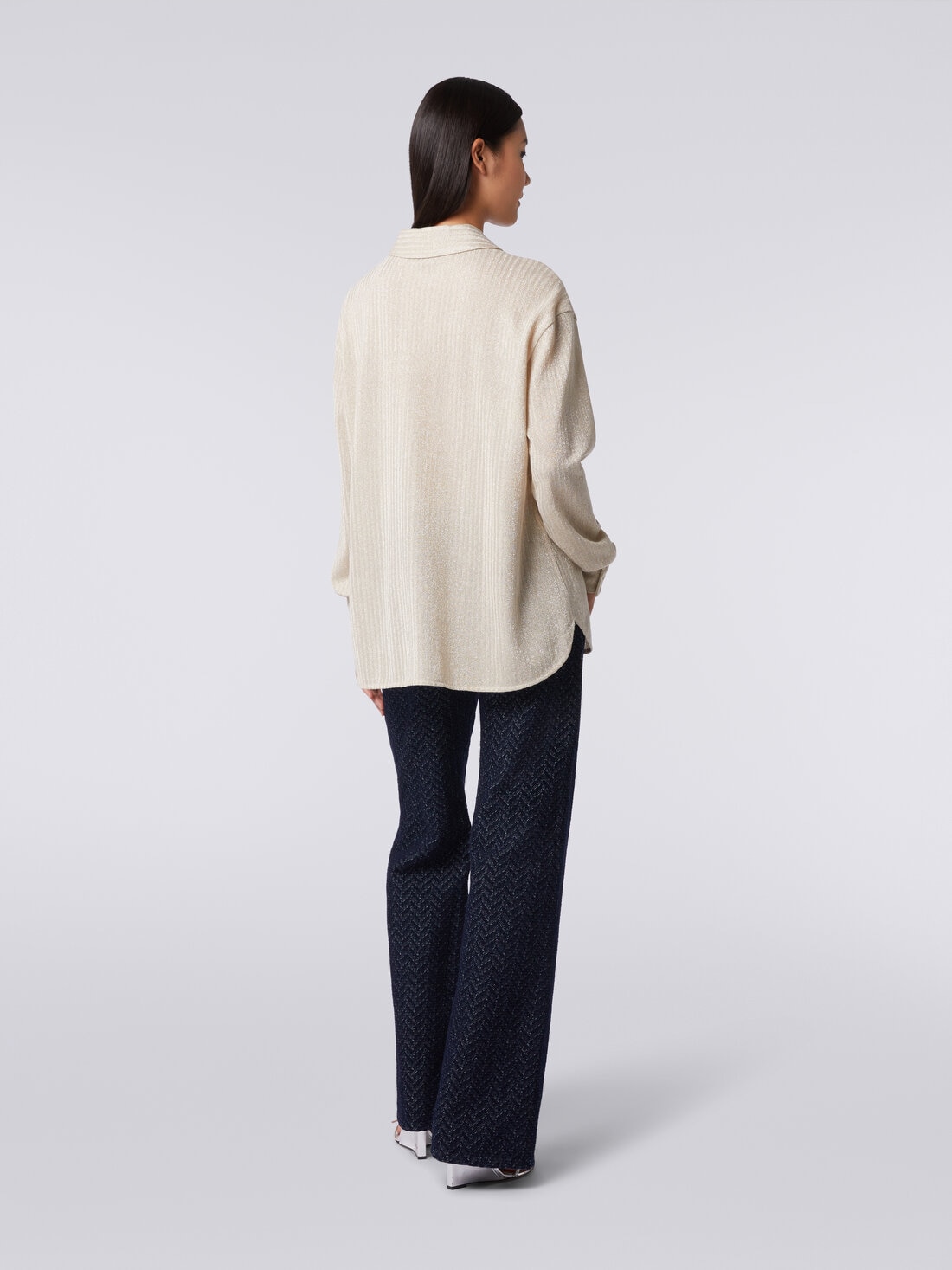 Cotton and viscose lamé oversized shirt , Beige - DS23WJ0MBR00WNS01AV - 3