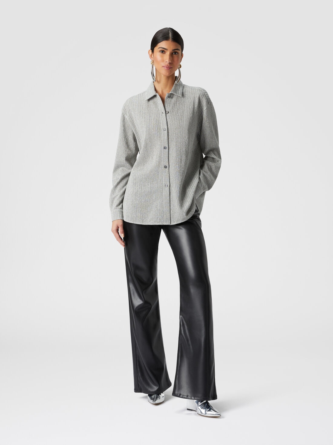 Cotton and viscose lamé oversized shirt , Grey - DS23WJ0MBR00WNS91IT - 1