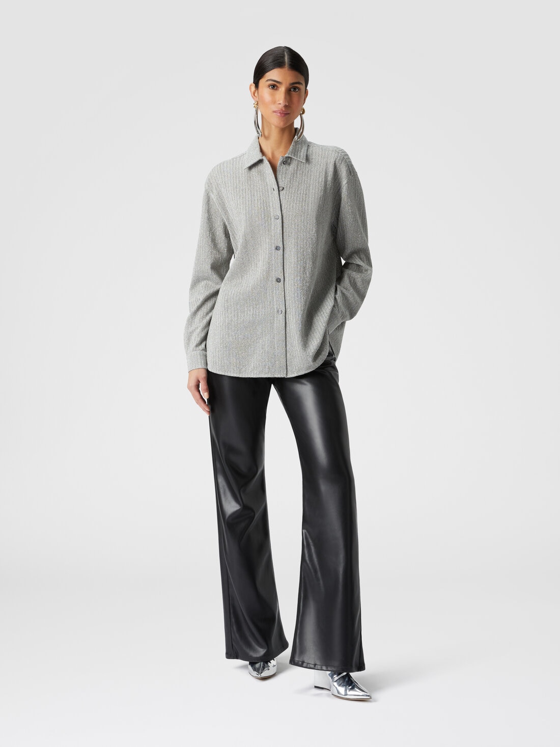 Cotton and viscose lamé oversized shirt, Grey - DS23WJ0MBR00WNS91IT - 1