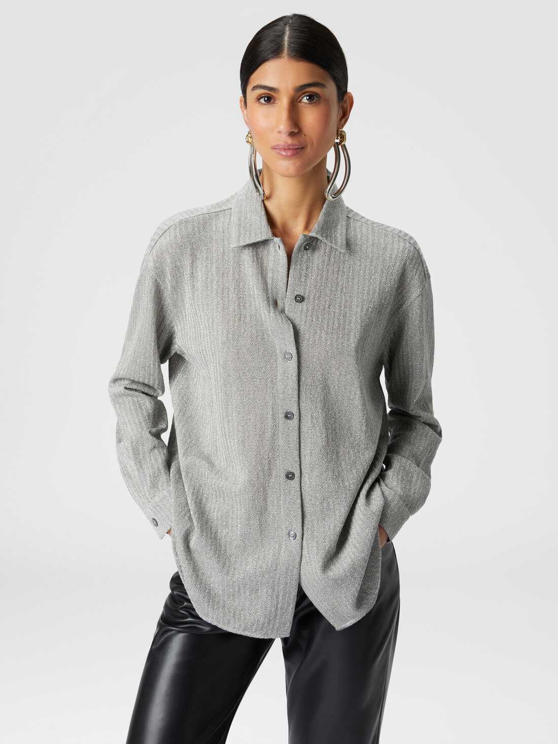Cotton and viscose lamé oversized shirt , Grey - DS23WJ0MBR00WNS91IT - 3