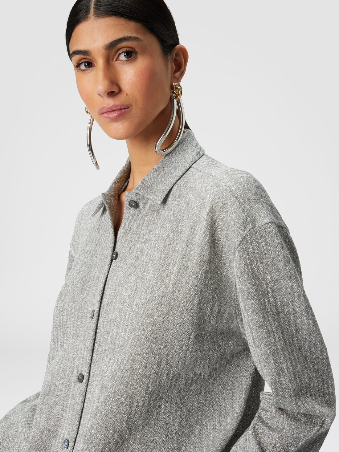 Cotton and viscose lamé oversized shirt, Grey - DS23WJ0MBR00WNS91IT - 4