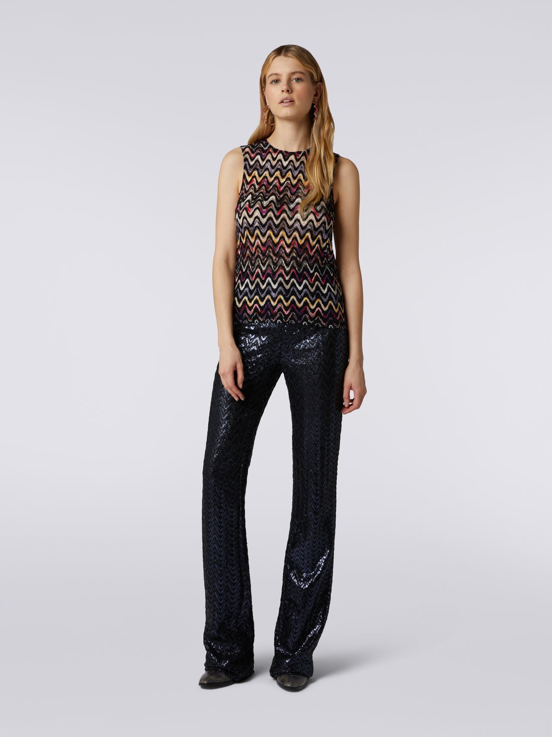 Wool and viscose tank top with wave motif and lace, Multicoloured  - DS23WK0UBR00P3SM8WE - 1