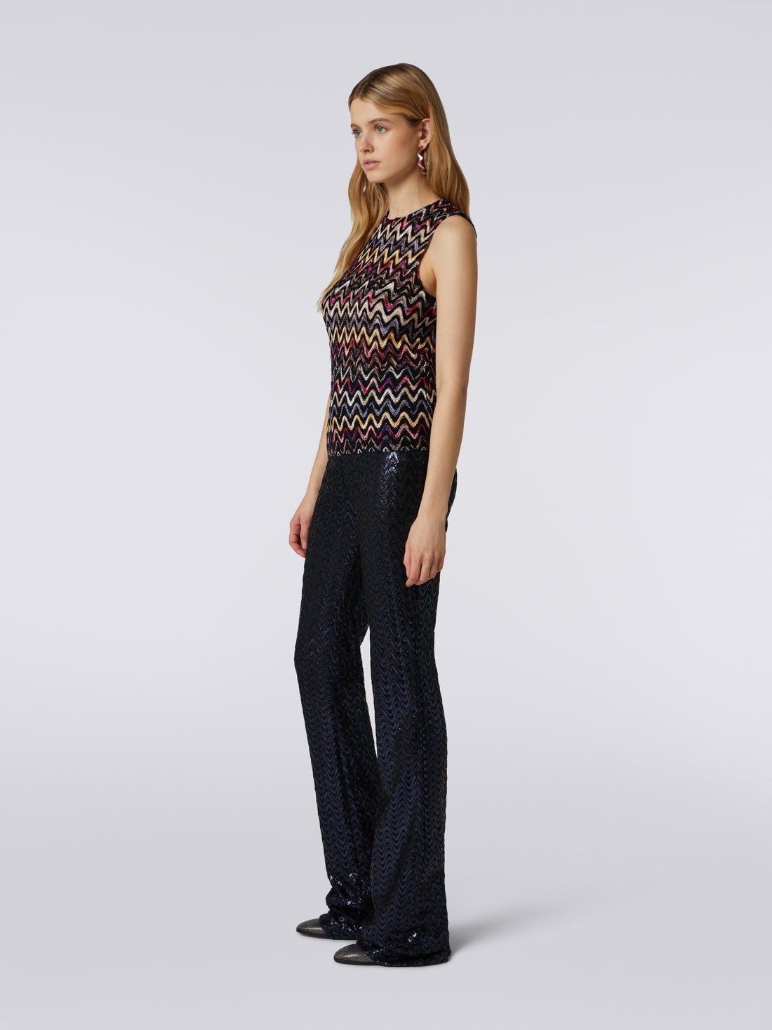 Wool and viscose tank top with wave motif and lace, Multicoloured  - DS23WK0UBR00P3SM8WE - 2