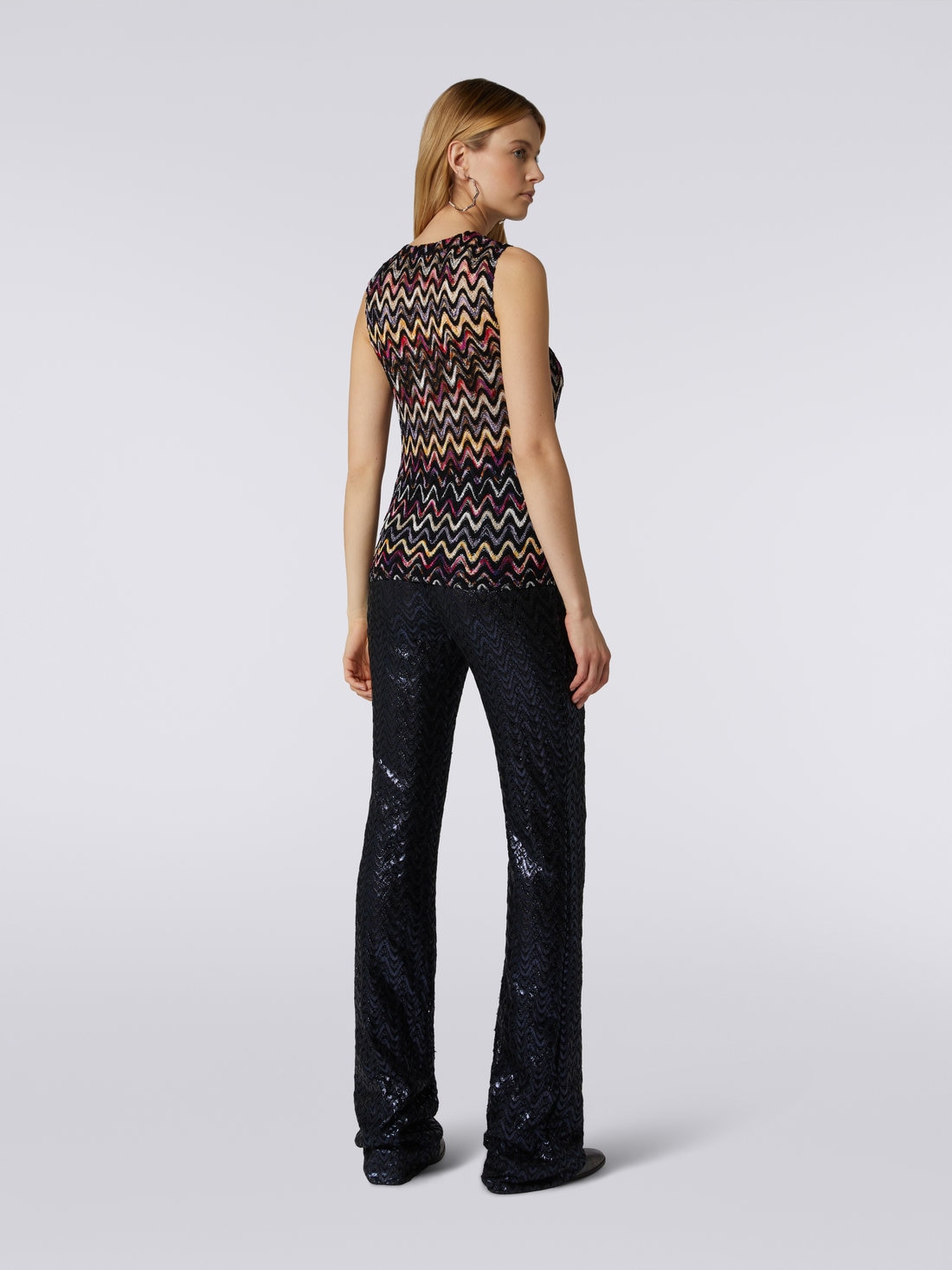 Wool and viscose tank top with wave motif and lace, Multicoloured  - DS23WK0UBR00P3SM8WE - 3