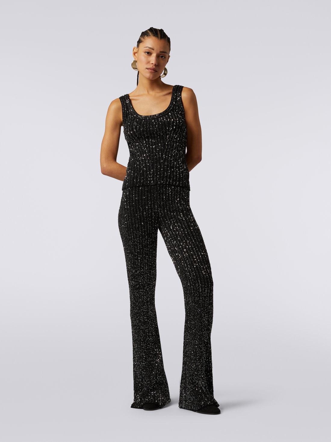 Viscose blend tank top with sequins , Black    - DS23WK0YBK025RS90DI - 1