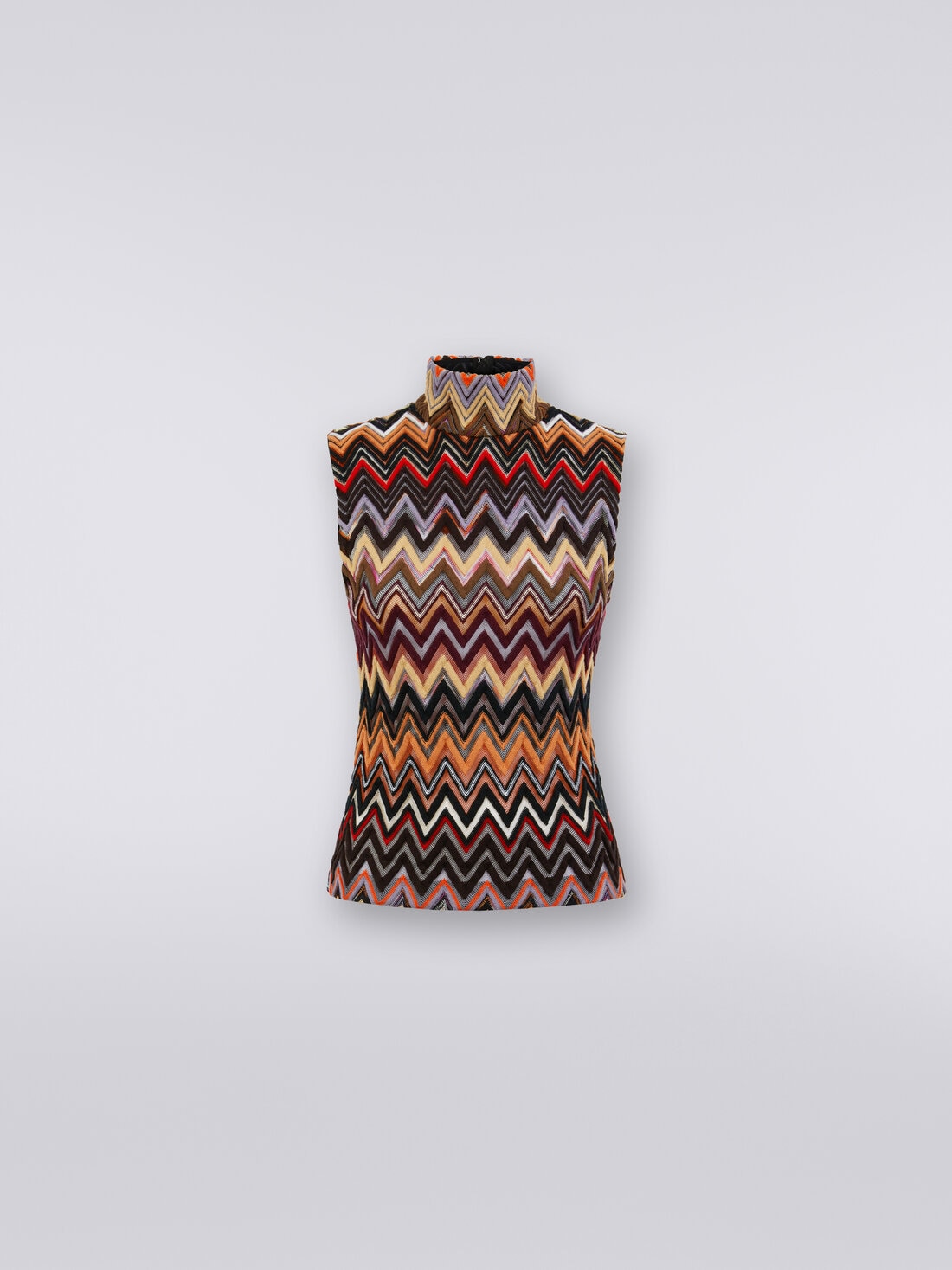 Wool and viscose high-neck tank top with zigzag weave, Multicoloured  - 0