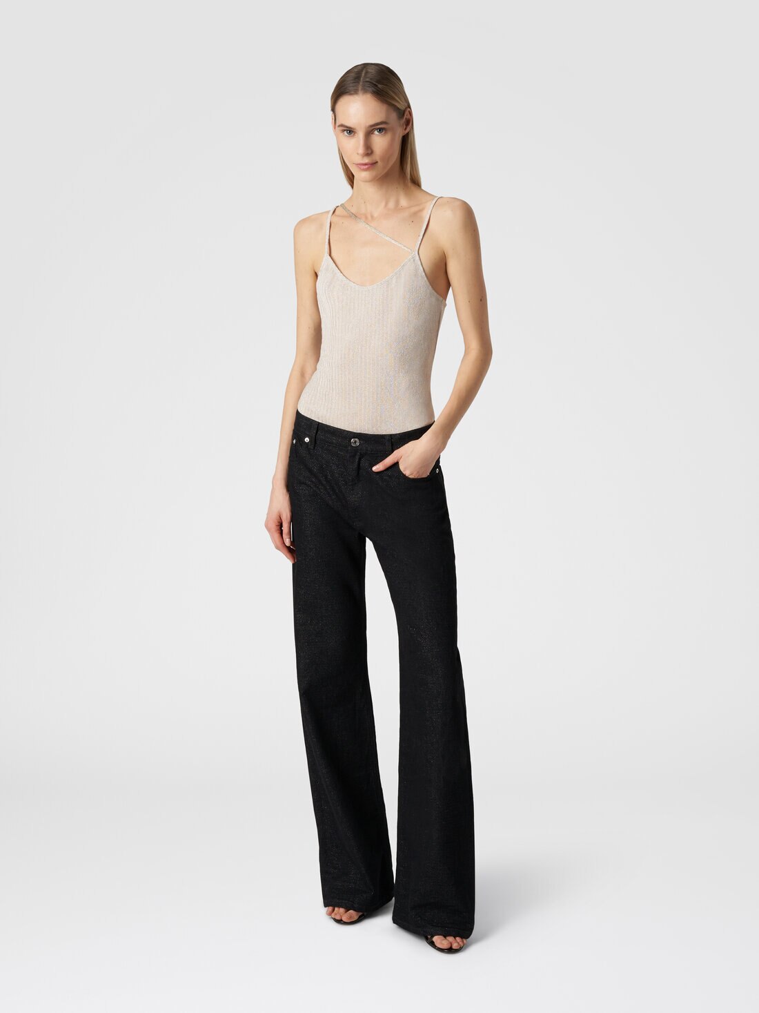 Cotton and viscose lamé tank top, Beige - DS23WK25BR00WNS01AV - 1