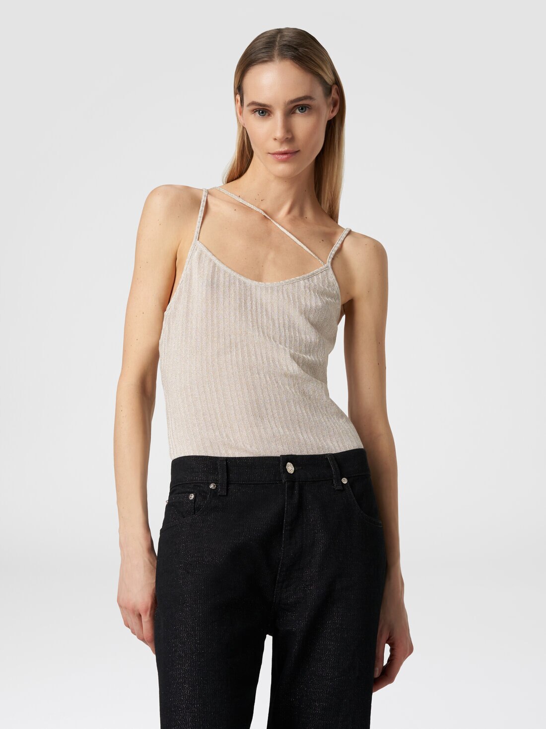 Cotton and viscose lamé tank top, Beige - DS23WK25BR00WNS01AV - 3