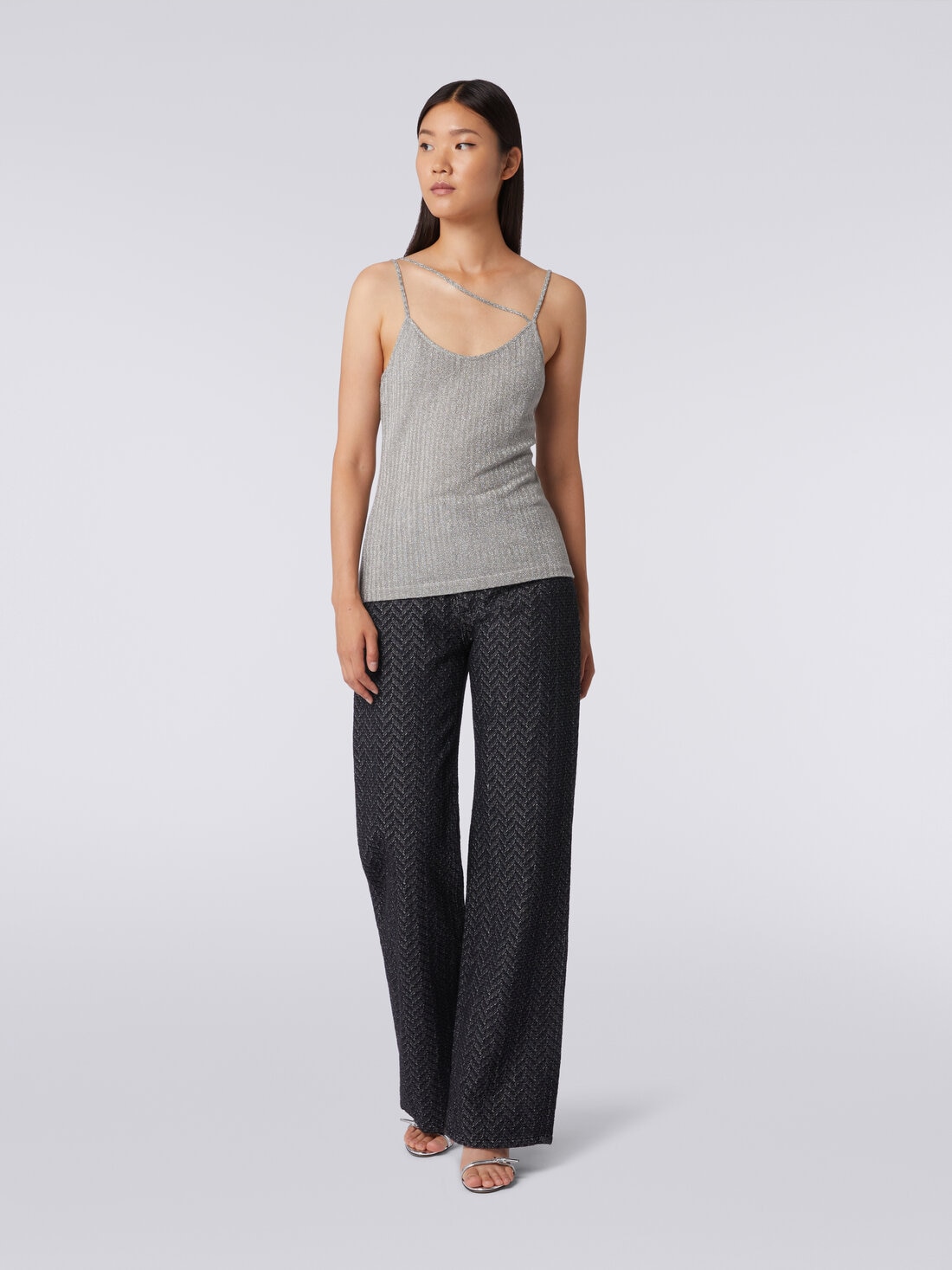 Cotton and viscose lamé tank top, Grey - DS23WK25BR00WNS91IT - 1