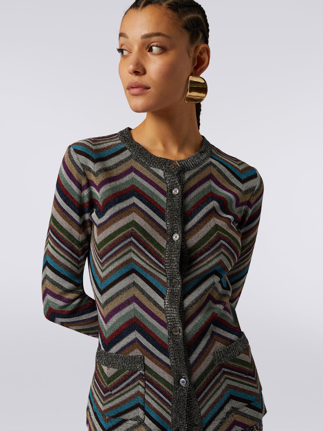 Cardigan en laine mélangée à chevrons avec lurex , Multicolore  - DS23WM0VBC003OS91G6 - 4