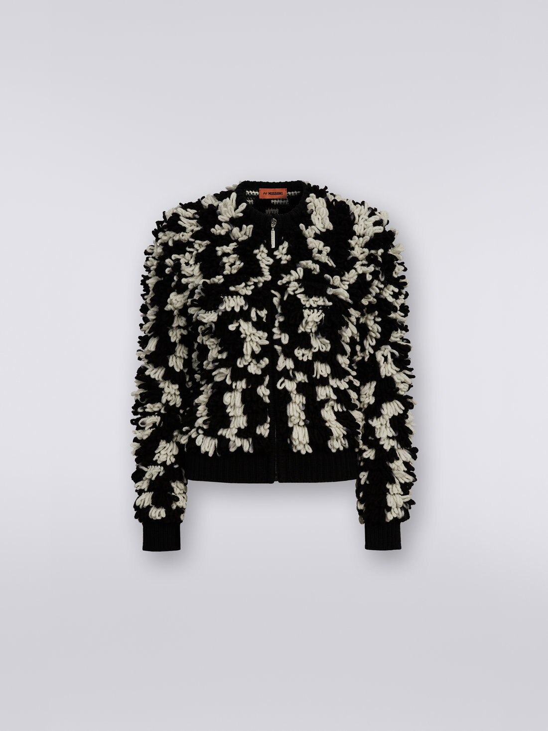 Fur-effect wool cardigan with zip , Black & White - 0