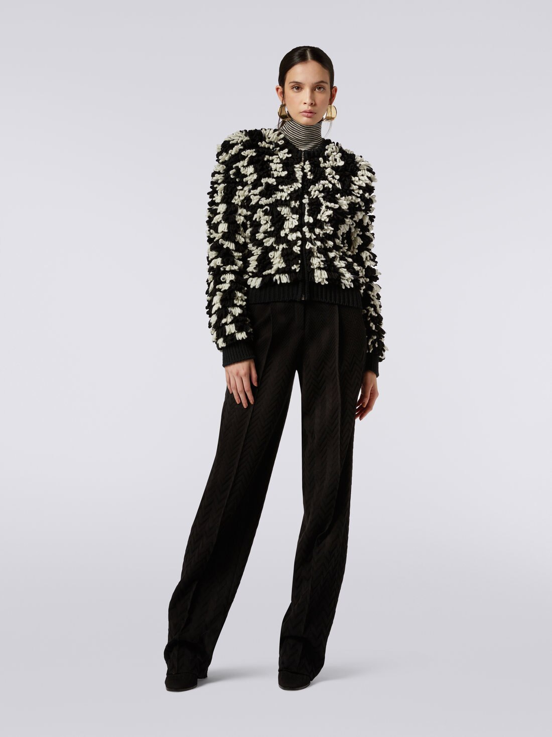 Fur-effect wool cardigan with zip , Black & White - DS23WM0YBK027GF9001 - 1