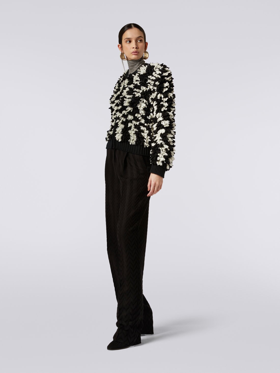 Fur-effect wool cardigan with zip , Black & White - DS23WM0YBK027GF9001 - 2