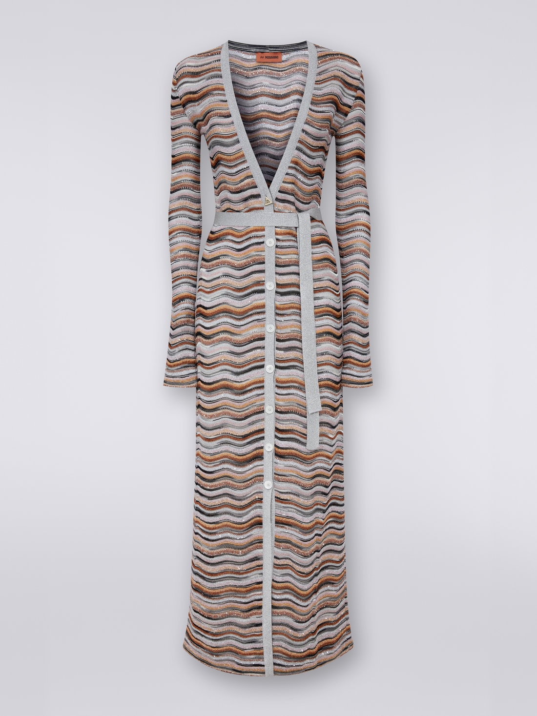 Long cardigan in lamé viscose blend with belt, Multicoloured  - 8051575851735 - 0