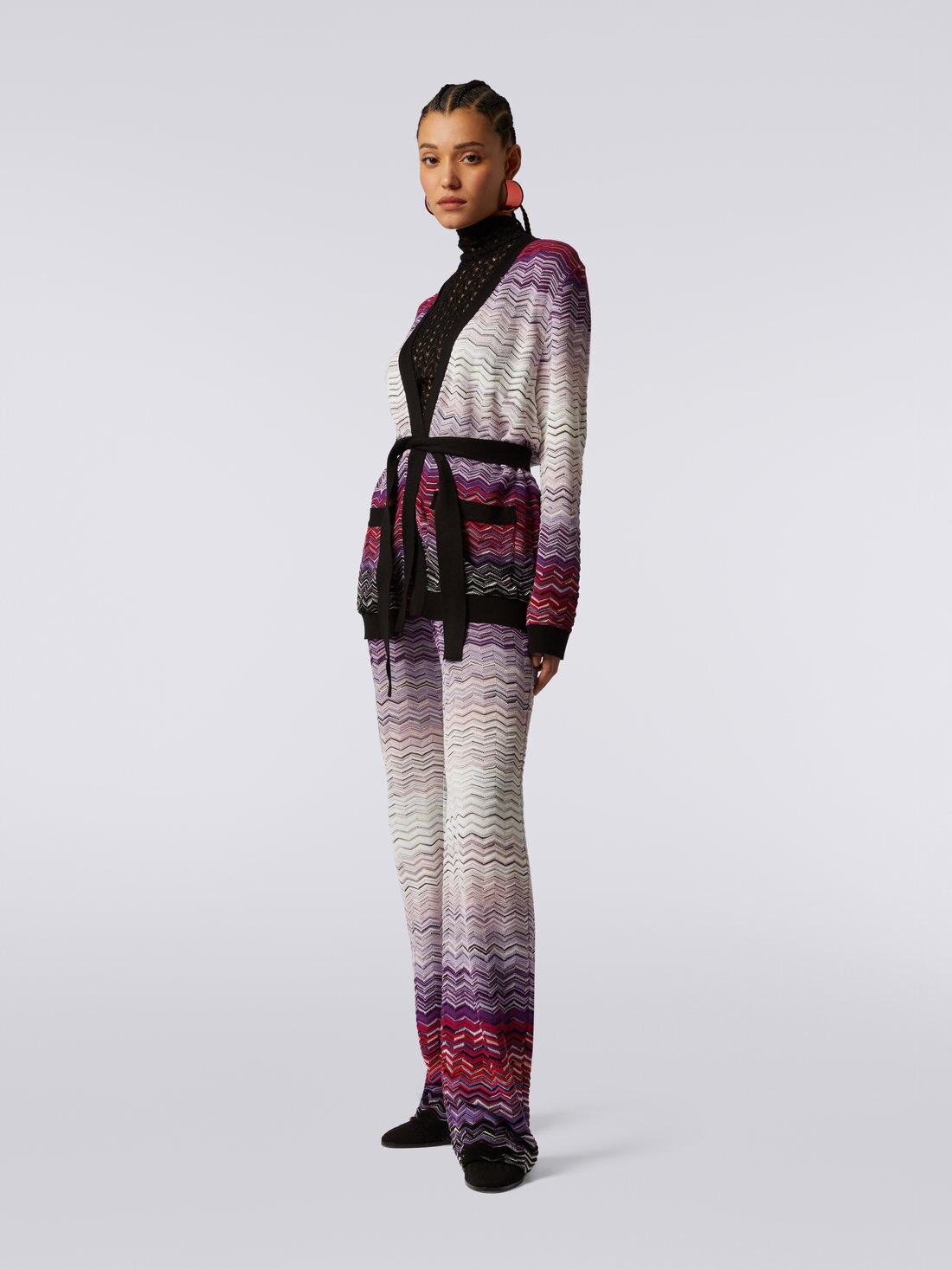 Long cotton and viscose chevron cardigan with belt , Multicoloured  - 2