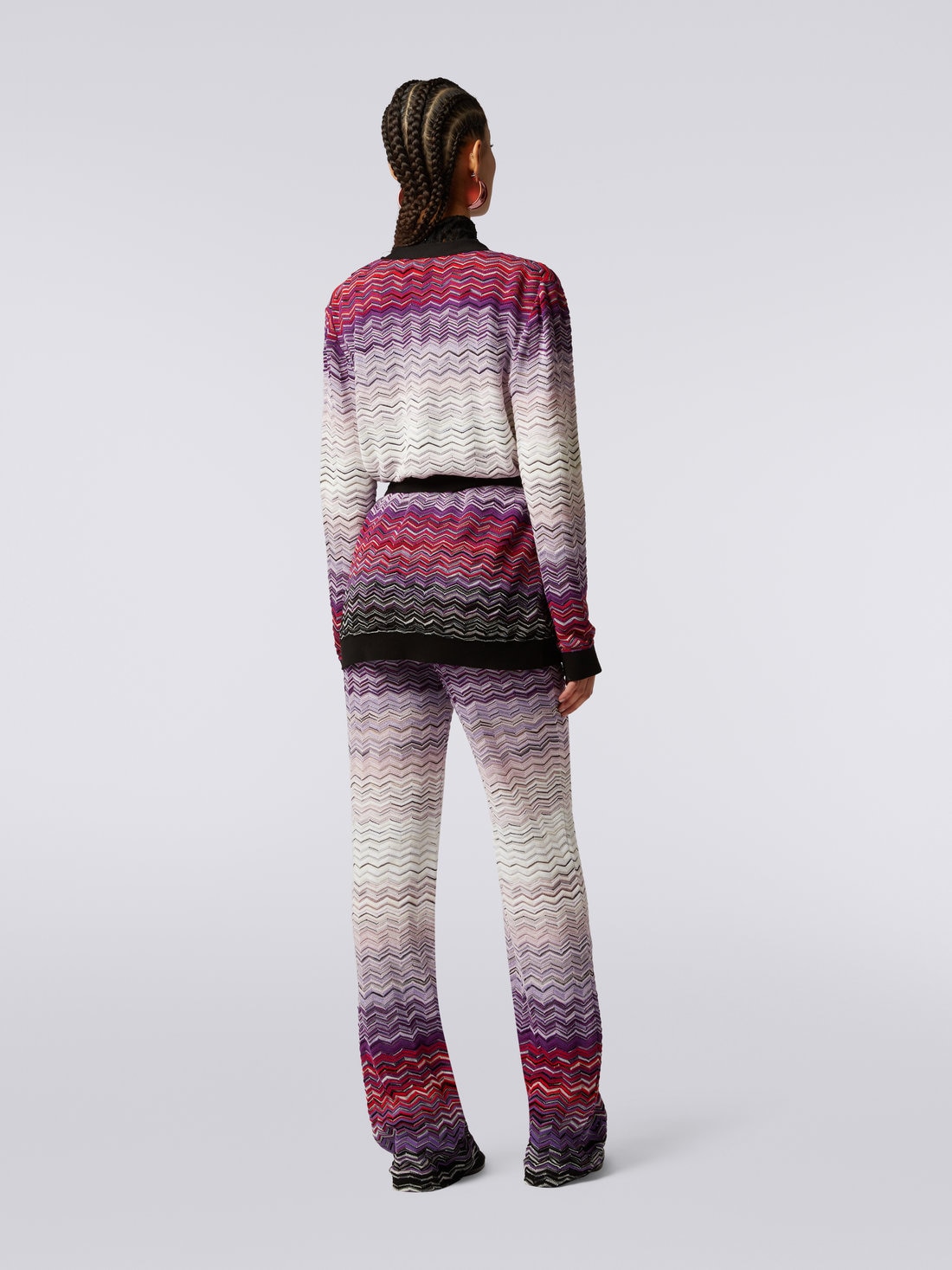 Long cotton and viscose chevron cardigan with belt , Multicoloured  - 3