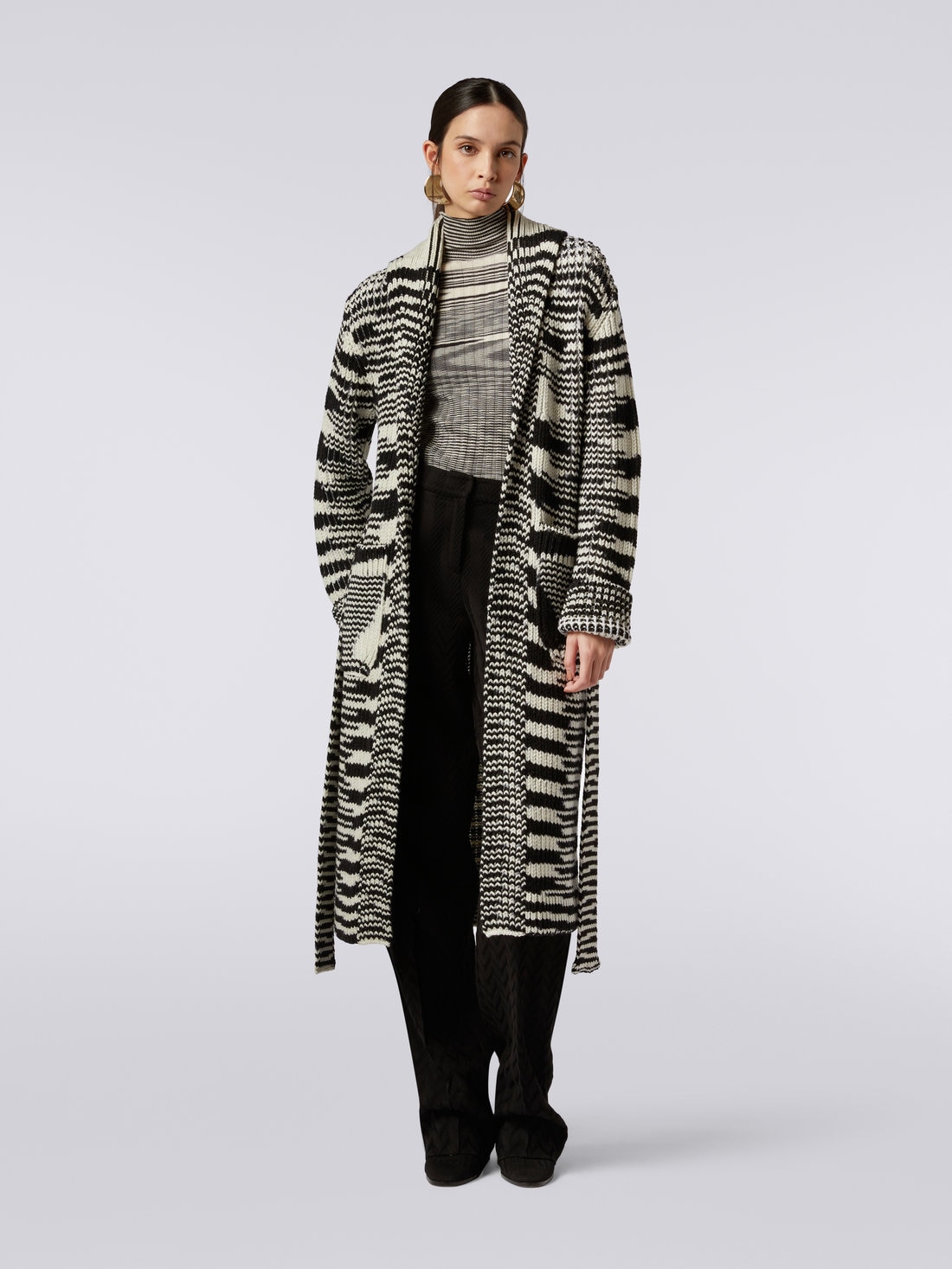 Long slub wool knit cardigan, Black & White - 8051575851995 - 1