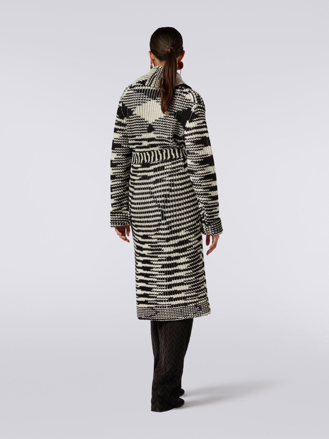 Long slub wool knit cardigan, Black & White - 8051575851995 - 3