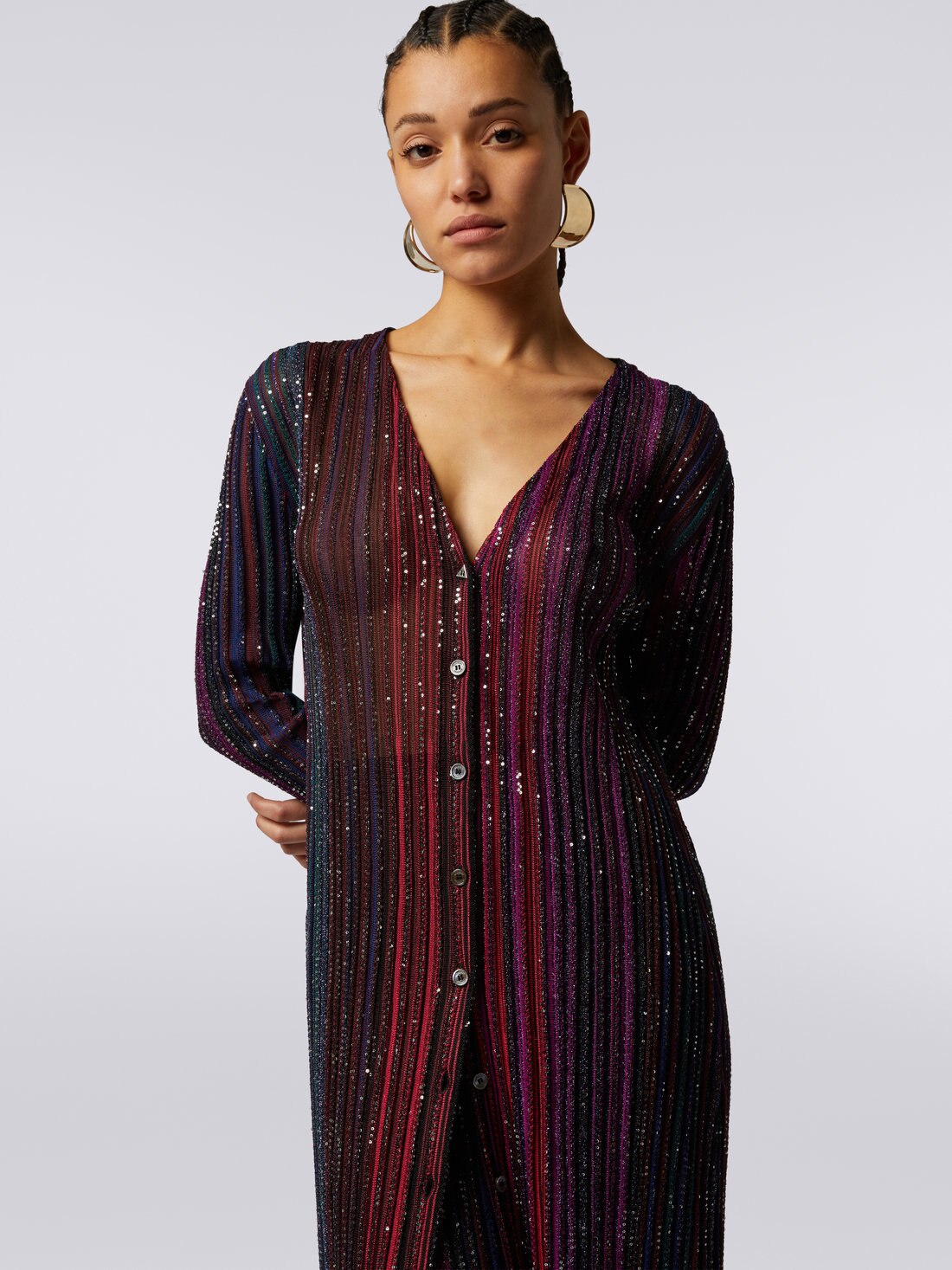 Vertical striped viscose cardigan with sequins , Multicoloured  - DS23WM1EBK027ESM91N - 4