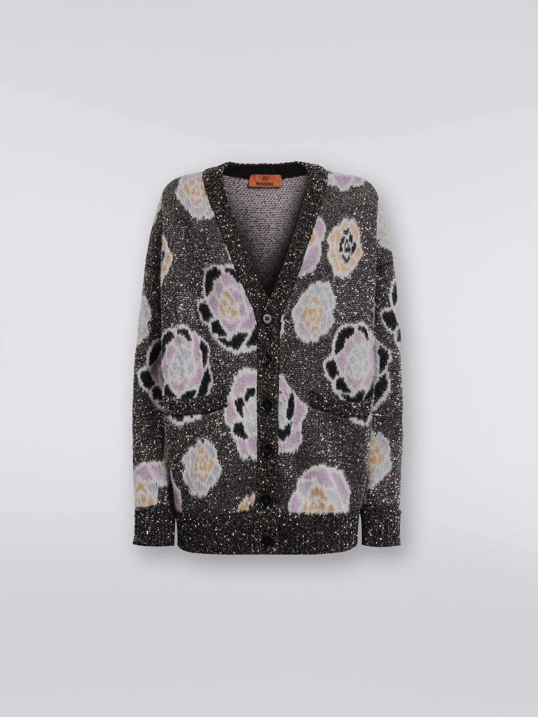 Oversize wool blend cardigan with roses and sequins, Multicoloured  - DS23WM27BK031ISM959 - 0