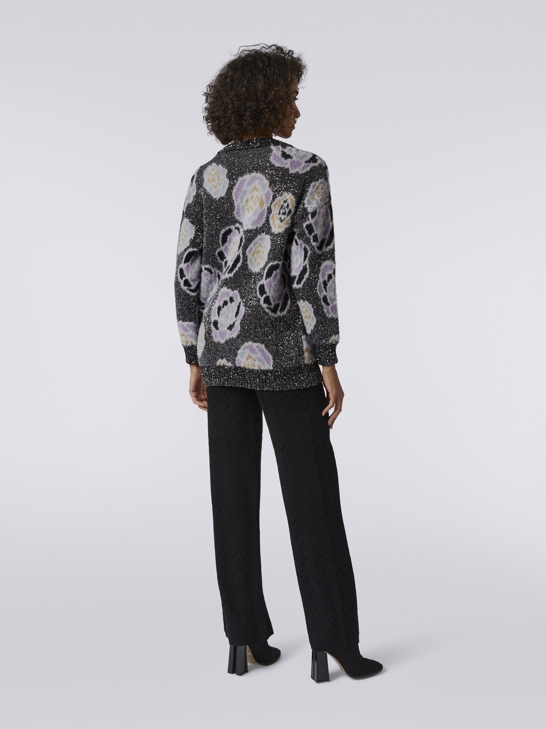 Oversize wool blend cardigan with roses and sequins, Multicoloured  - DS23WM27BK031ISM959 - 3
