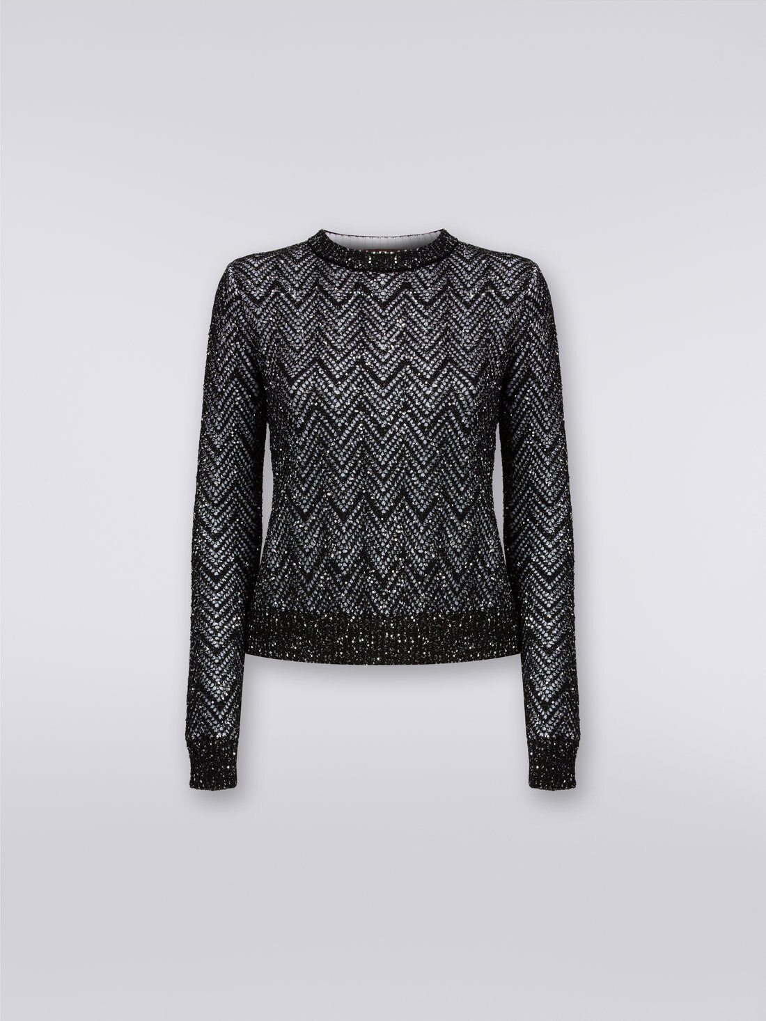 Pullover aus Baumwollmischgewebe mit Chevronmuster und Pailletten, Schwarz    - DS23WN01BK025ES90DI - 0