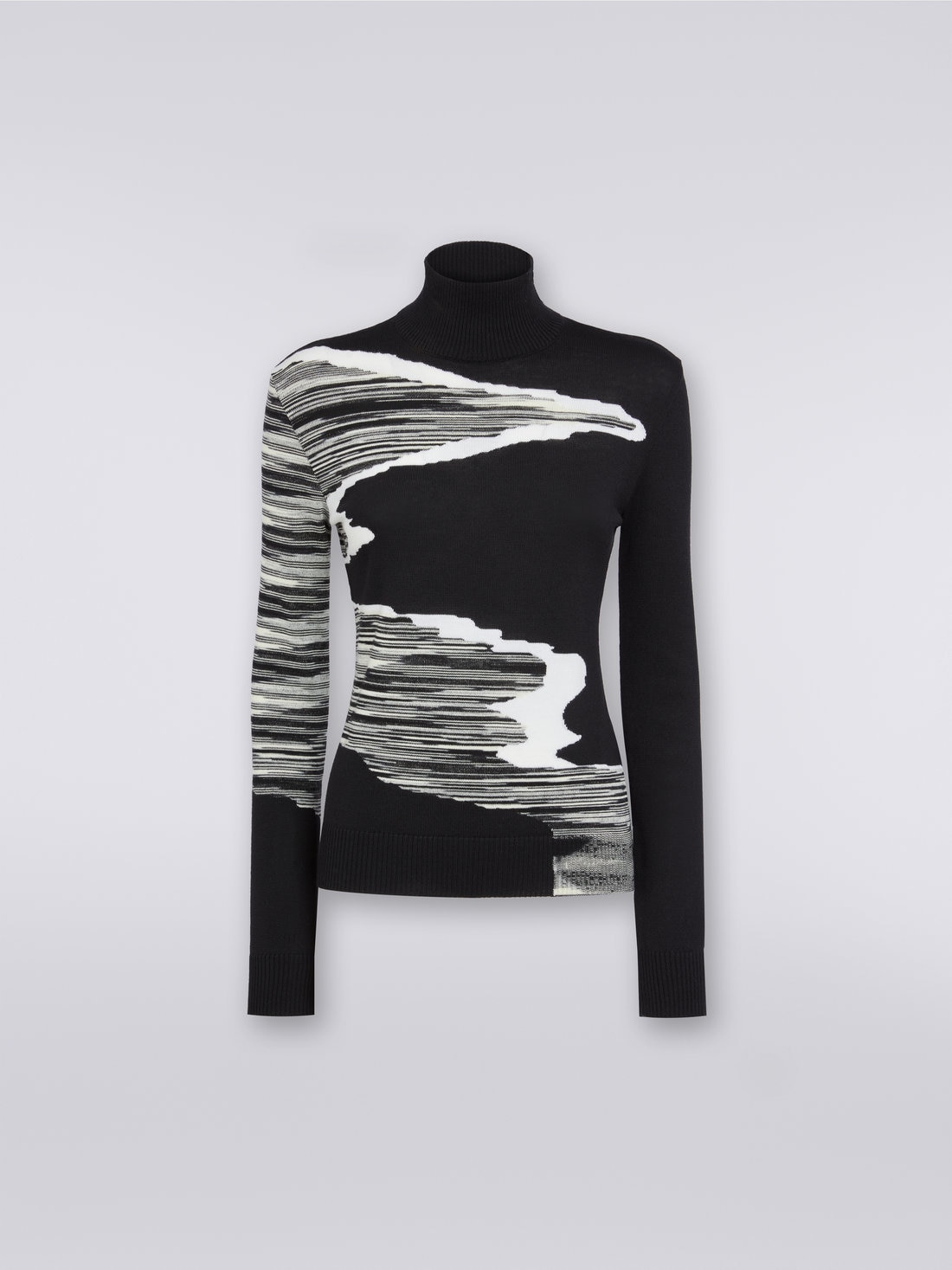 High neck pullover with wool inlay details , Black & White - 0