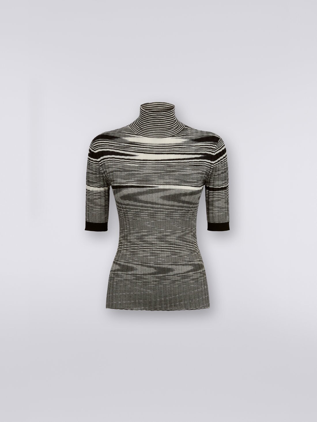 Ribbed high neck pullover in cashmere and silk , Black & White - 0