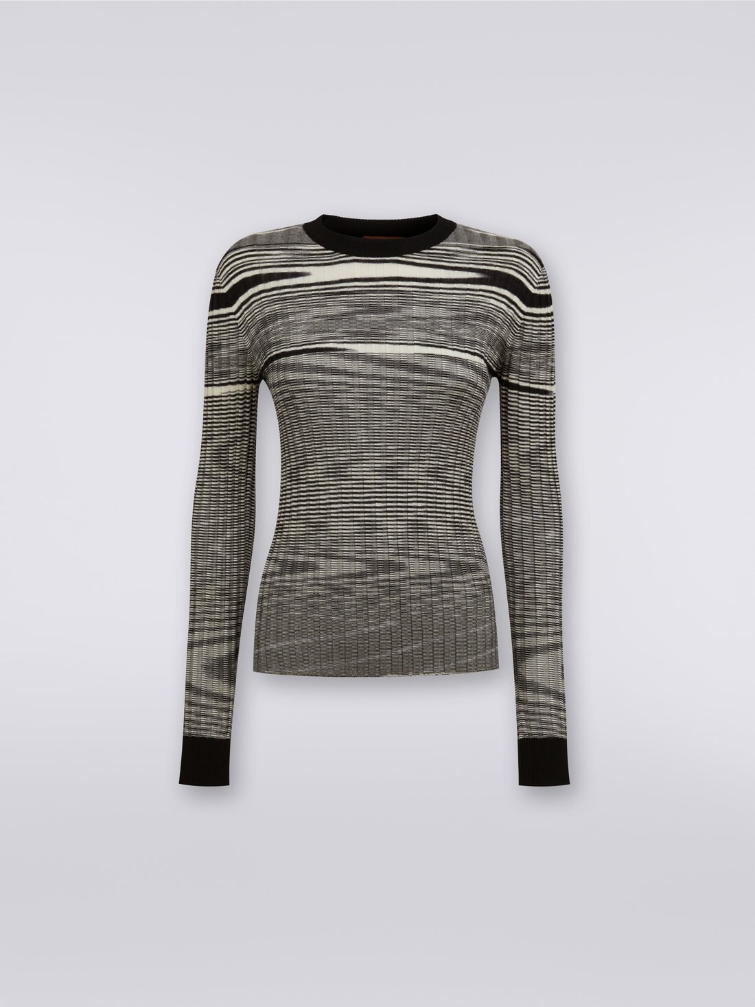 Crew-neck narrow-ribbed pullover in cashmere and silk , Black & White - 0