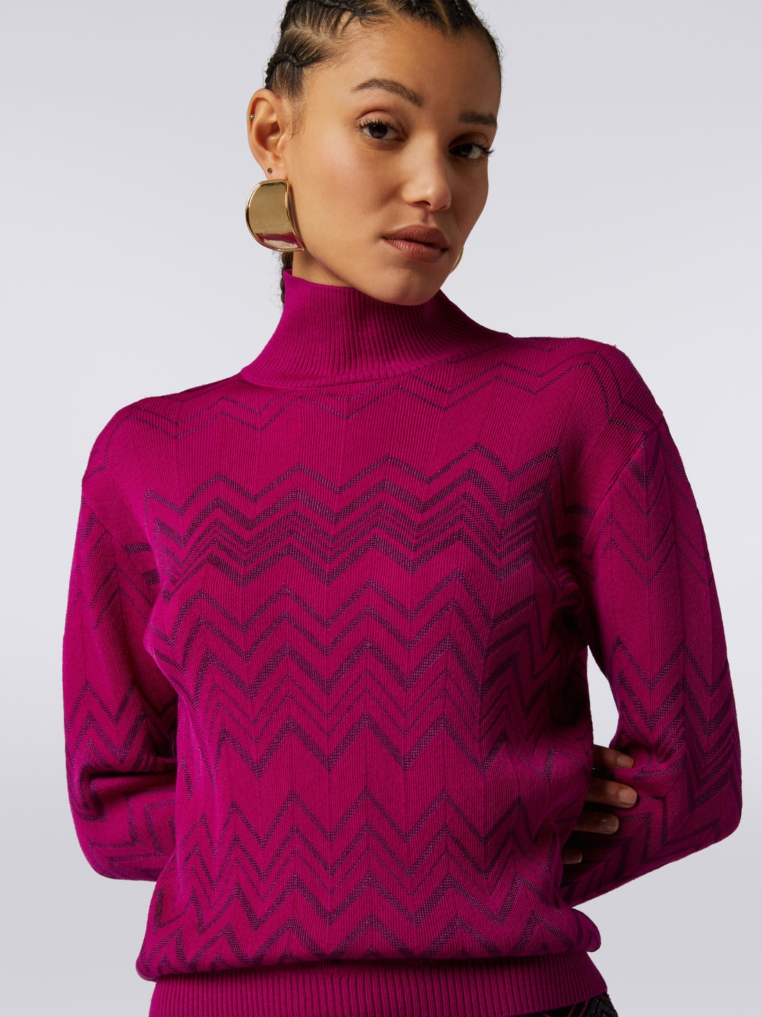 Wool and viscose chevron high-neck pullover, Purple  - DS23WN0NBK027A82929 - 4