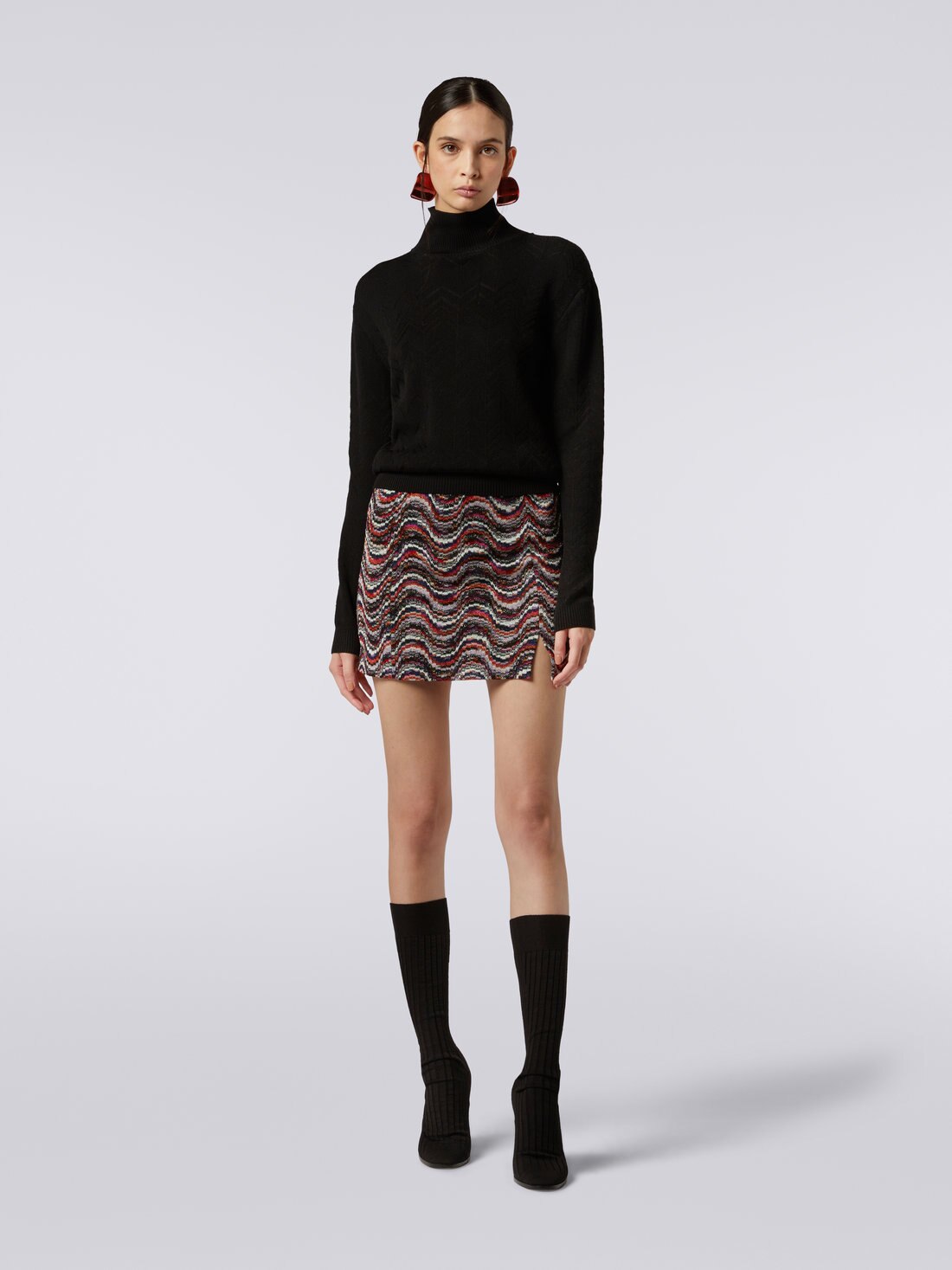 Wool and viscose chevron high-neck pullover, Black    - DS23WN0NBK027A93911 - 1