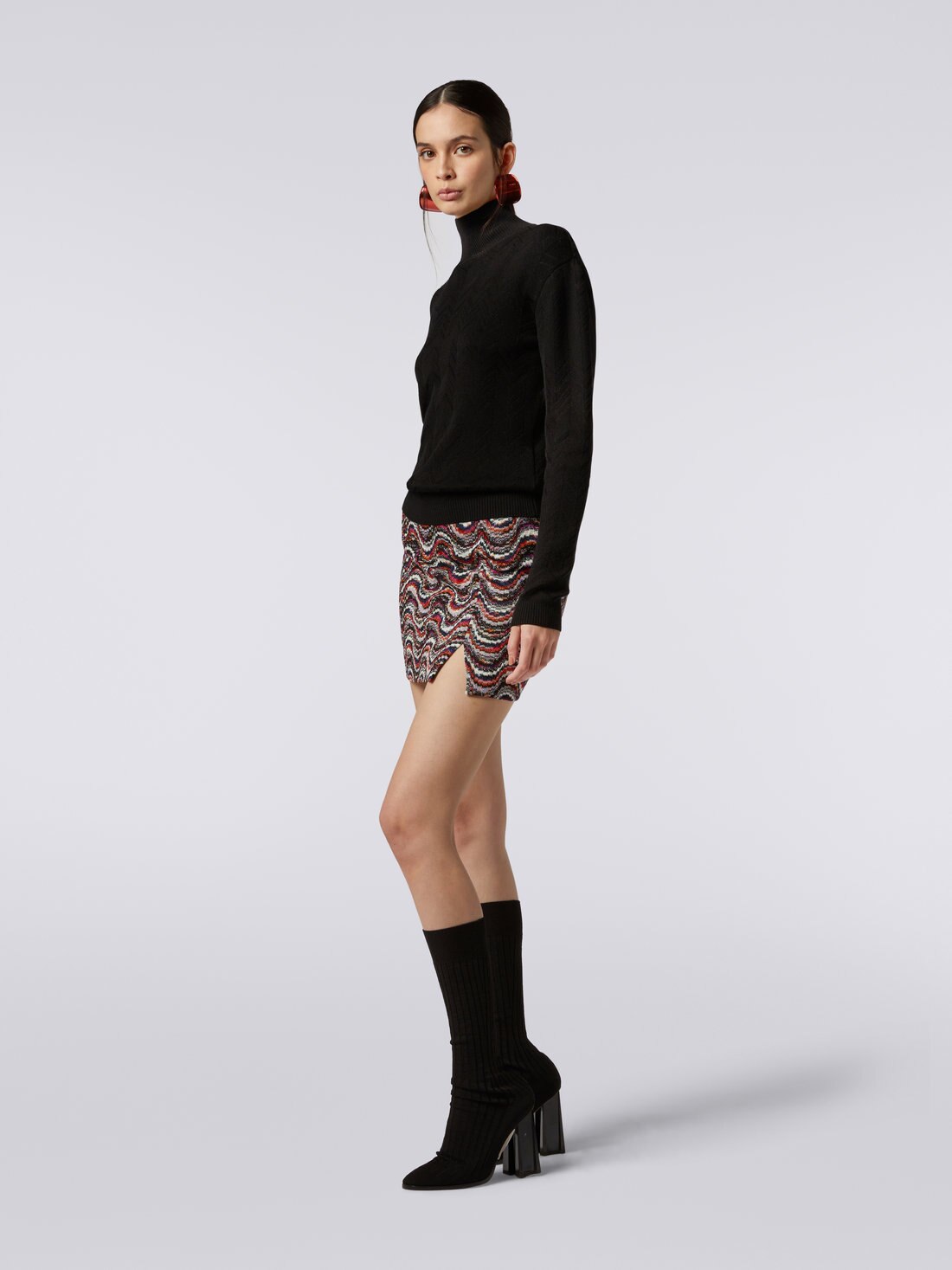 Wool and viscose chevron high-neck pullover, Black    - DS23WN0NBK027A93911 - 2