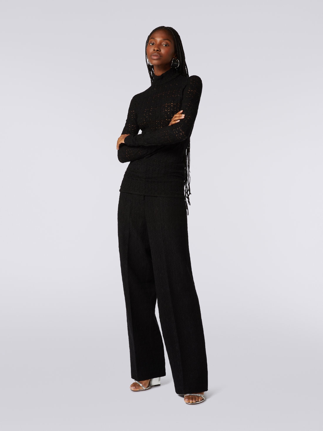 Lace-effect viscose blend high-neck pullover, Black    - DS23WN1SBR00SU93911 - 2
