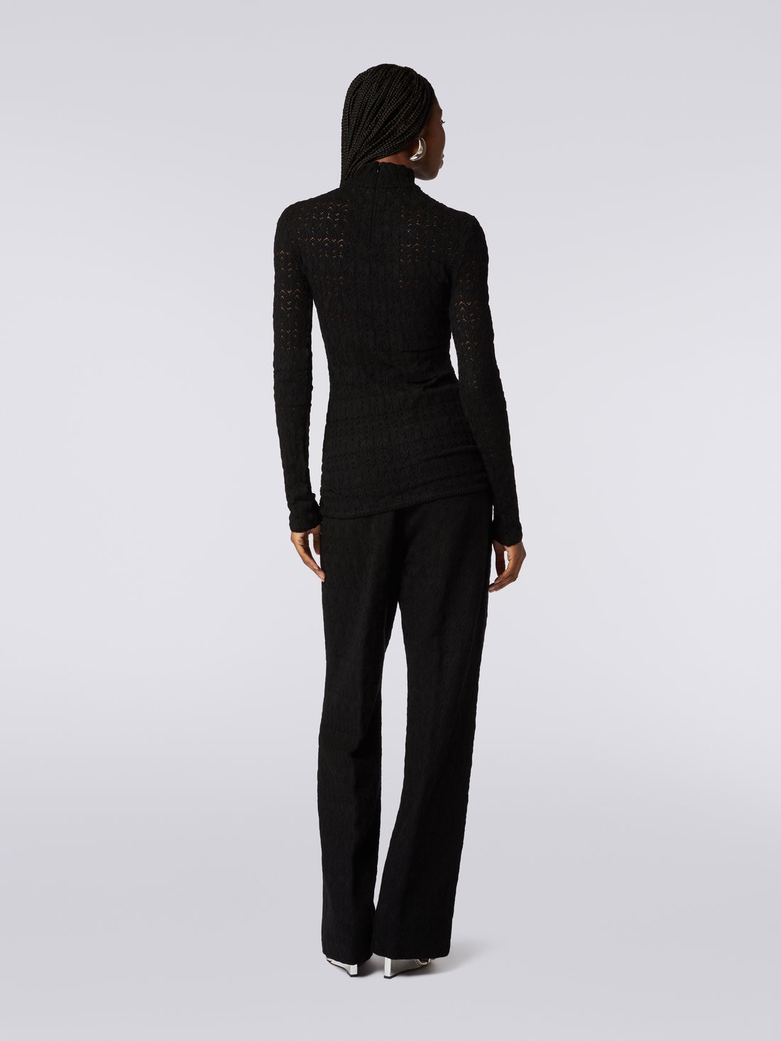 Lace-effect viscose blend high-neck pullover, Black    - DS23WN1SBR00SU93911 - 3