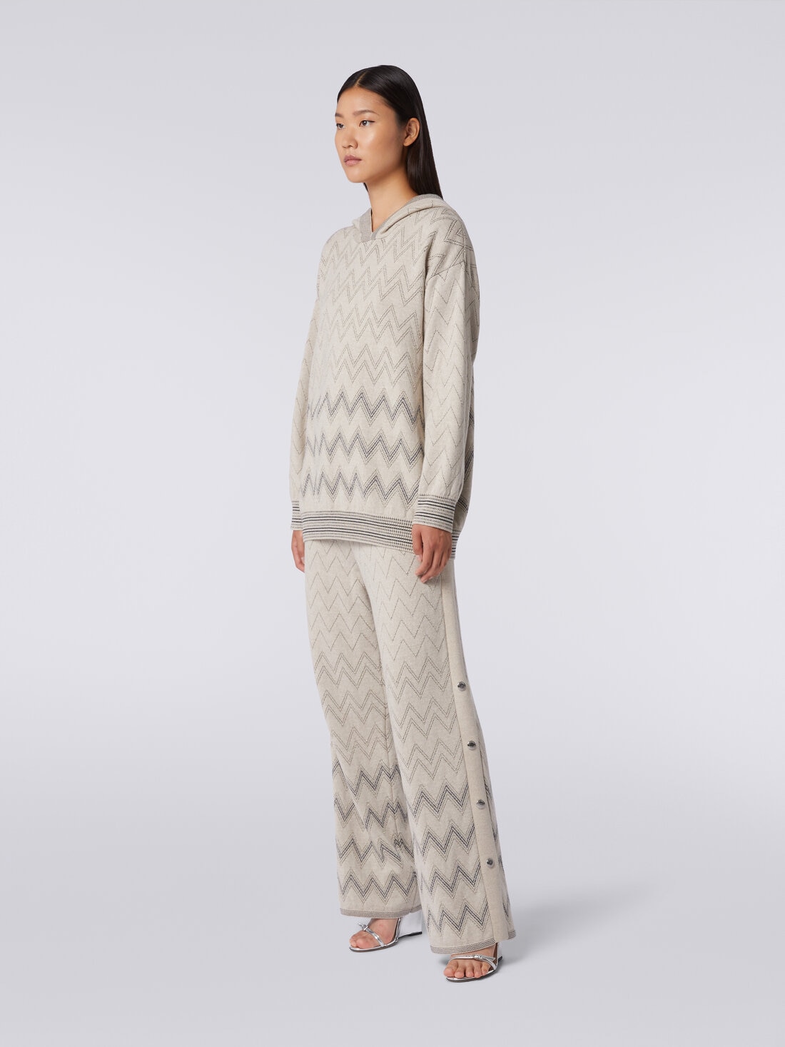 Zigzag wool blend pullover with lurex, Beige - 2