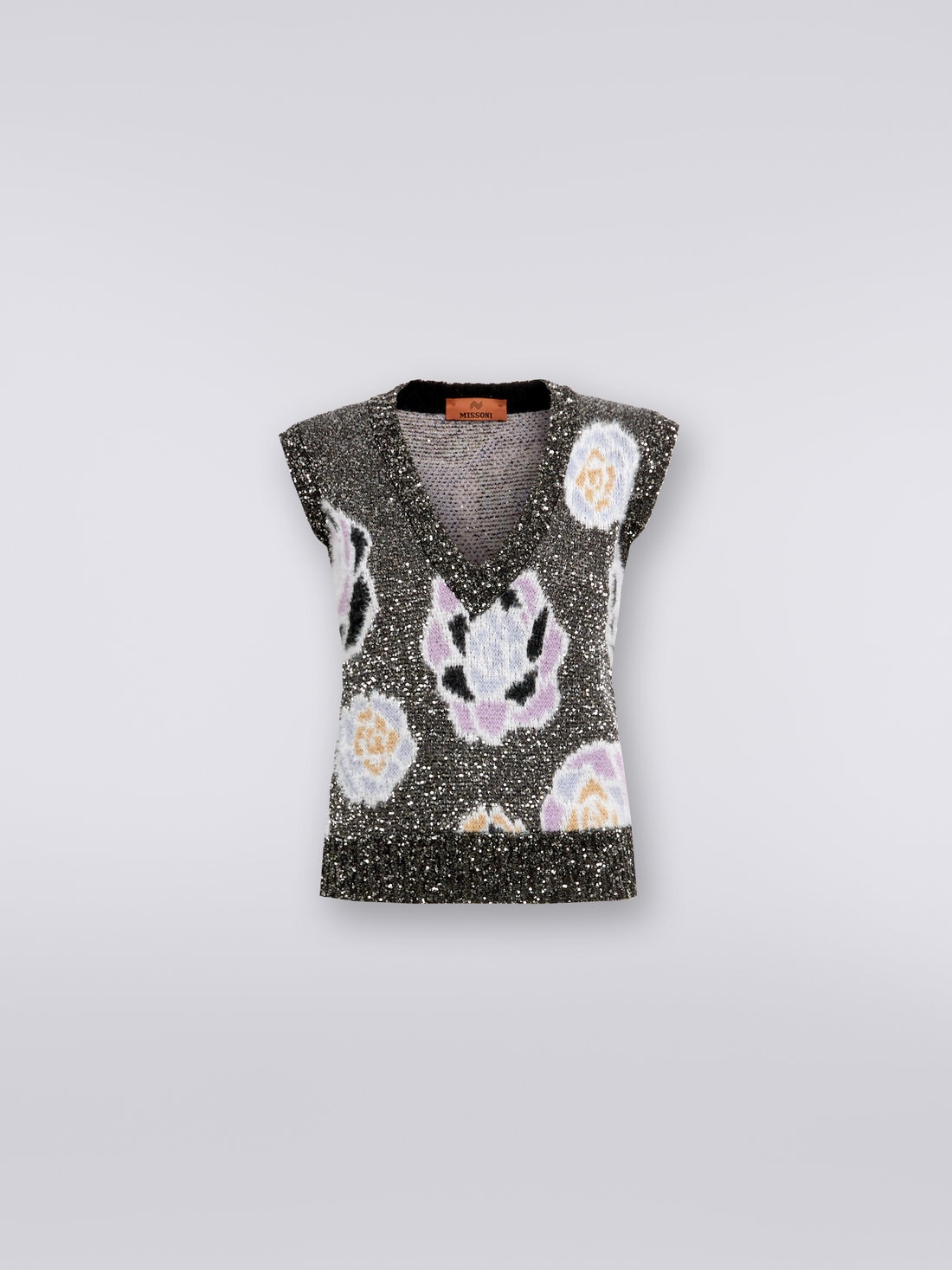 Wool blend V-neck vest with roses and sequins, Multicoloured  - DS23WN2EBK031ISM959 - 0