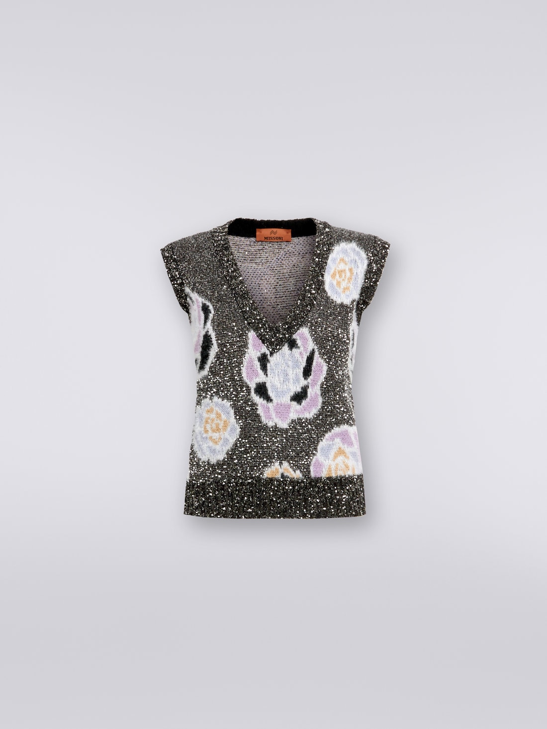 Veste sans manches à encolure en V en laine mélangée avec roses et paillettes, Multicolore  - 8051575968730 - 0